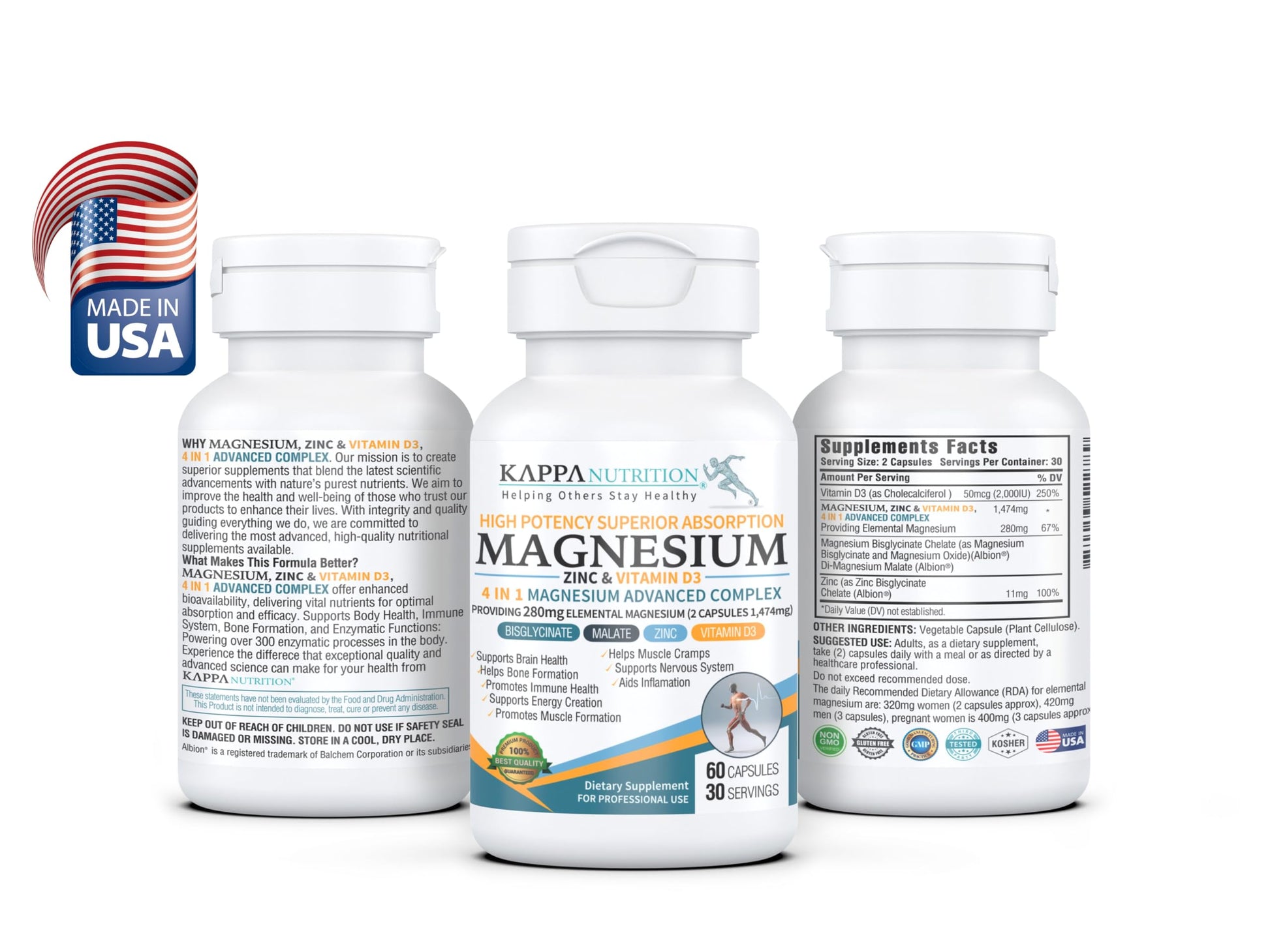 Kappa Nutrition Magnesium 4-in-1, 280mg Elemental Magnesium (Bisglycinate, Malate) + Zinc & Vitamin D3, Brain, Sleep, Energy, Muscle, Immune Support, 60 Vegan Capsules. KAPPA NUTRITION Au supplements