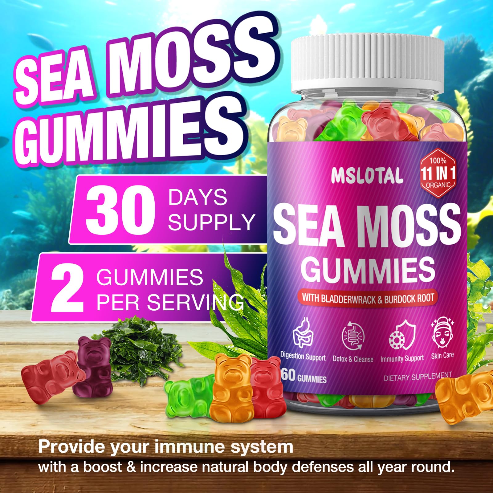 MSLOTAL Irish Sea Moss Gummies with Black Seed Oil, Ashwagandha Bladderwrack and Burdock Root, Organic Sea Moss Gummies for Women and Men with Shilajit, Immune Support, Vegan, 120 Gummies Totalss MSLOTAL Au supplements