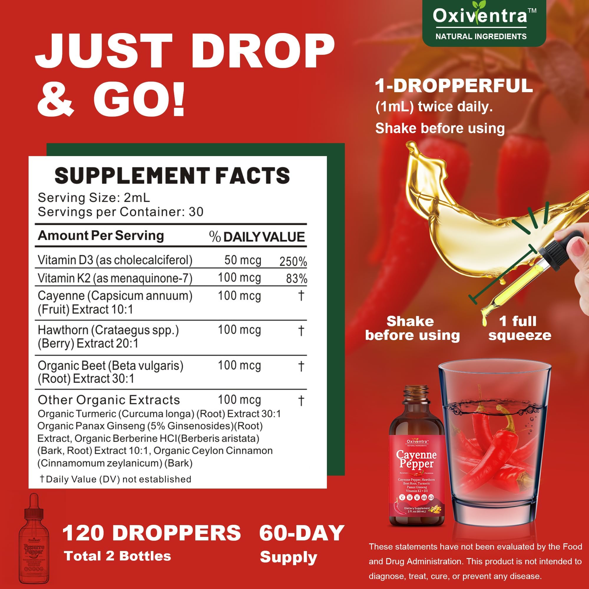 Cayenne Pepper Drops Liquid Supplement Smooth & Sweet Herbal Liquid + Hawthorn Berry, Vitamin D3 K2 Beet Root Powder, Ceylon Cinnamon, Turmeric Curcumin, Organic Panax Ginseng - 2fl oz Oxiventra Au supplements