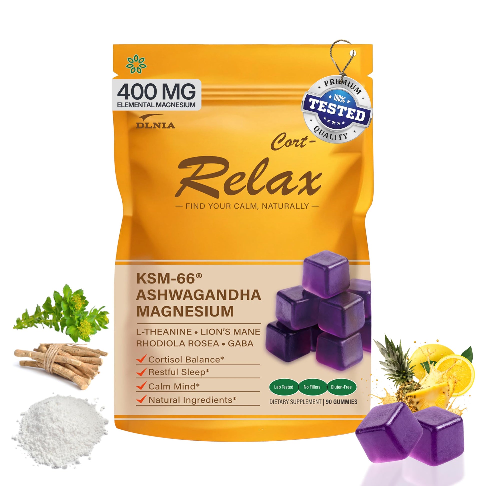 DLNIA Magnesium Glycinate Stress & Cortisol Support Gummies | Calm Focus by Day, Deep Sleep by Night | 17-in-1 with KSM-66® Ashwagandha, L-Theanine & Lion’s Mane DLNIA Au supplements