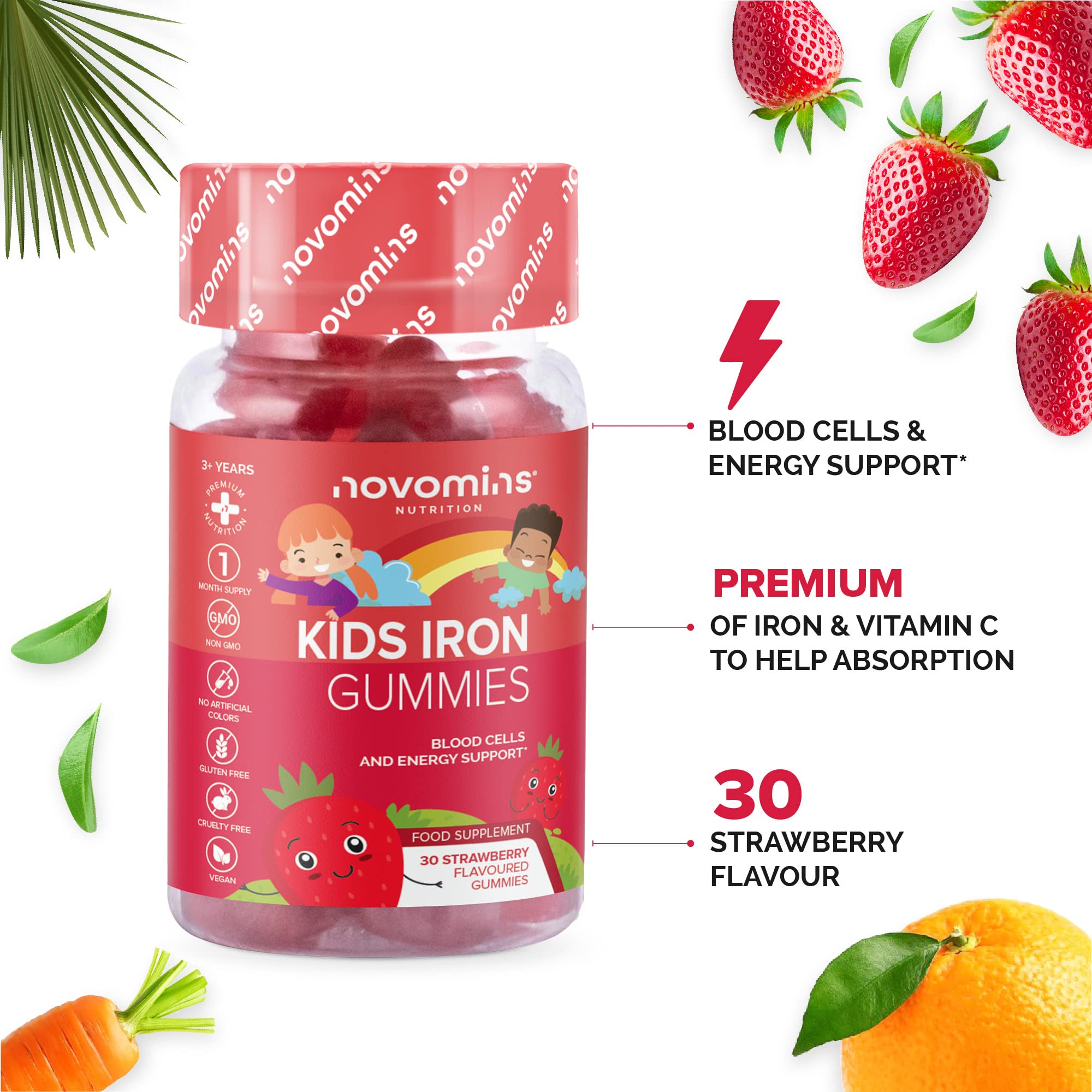 Kids Iron Gummies – Iron Supplement for Kids – Energy & Immune System – Vegan novomins Au supplements