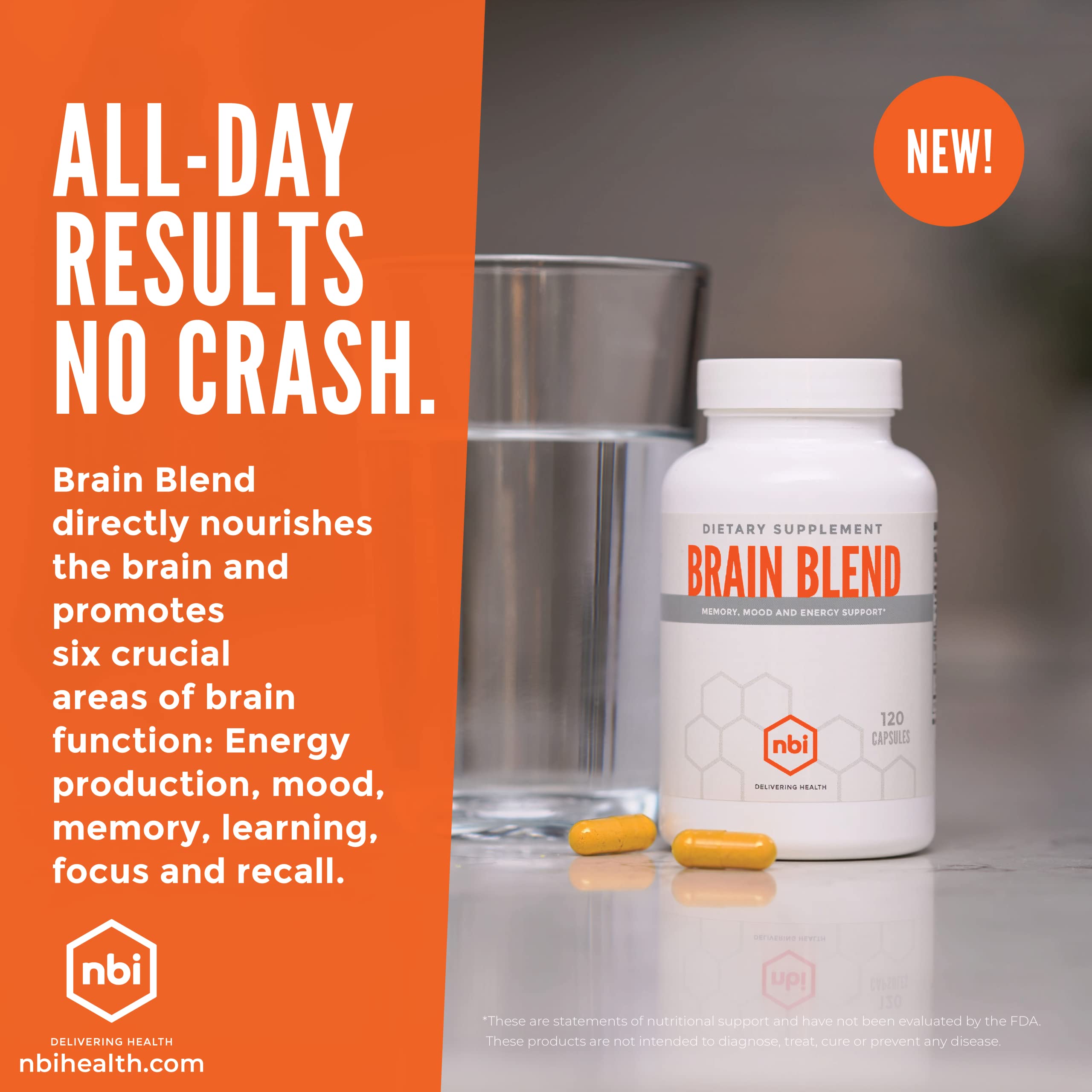 NBI Brain Blend for Memory, Focus, Concentration, Cognitive Function for Men & Women | Caffeine-Free with ALCAR, Alpha Lipoic Acid, Huperzine A, Turmeric | Nootropic | 120ct Capsules NBI Au supplements