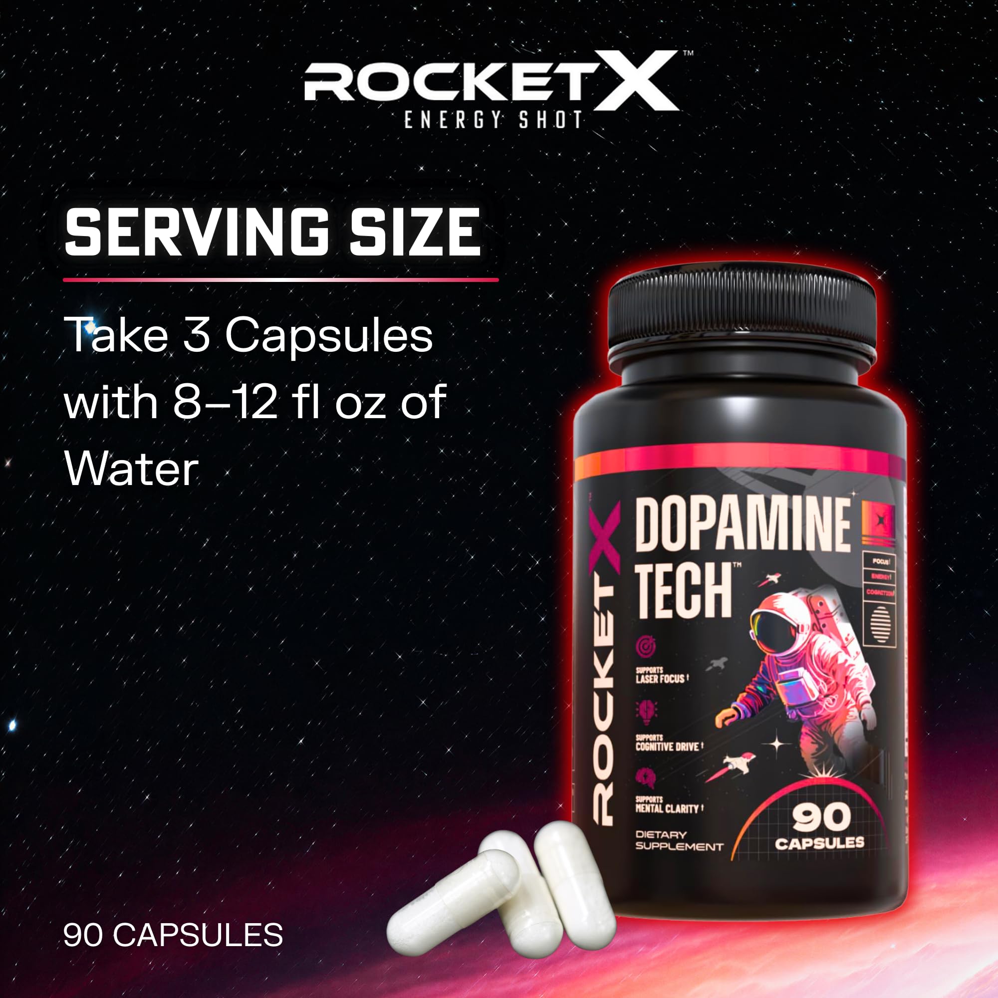 RocketX Dopamine Tech Brain Food Supplement, with L-Tyrosine and B Vitamins for Focus, Mental Clarity and Cognitive Drive, Vegan Capsules, 90 Capsules RocketX Energy Au supplements
