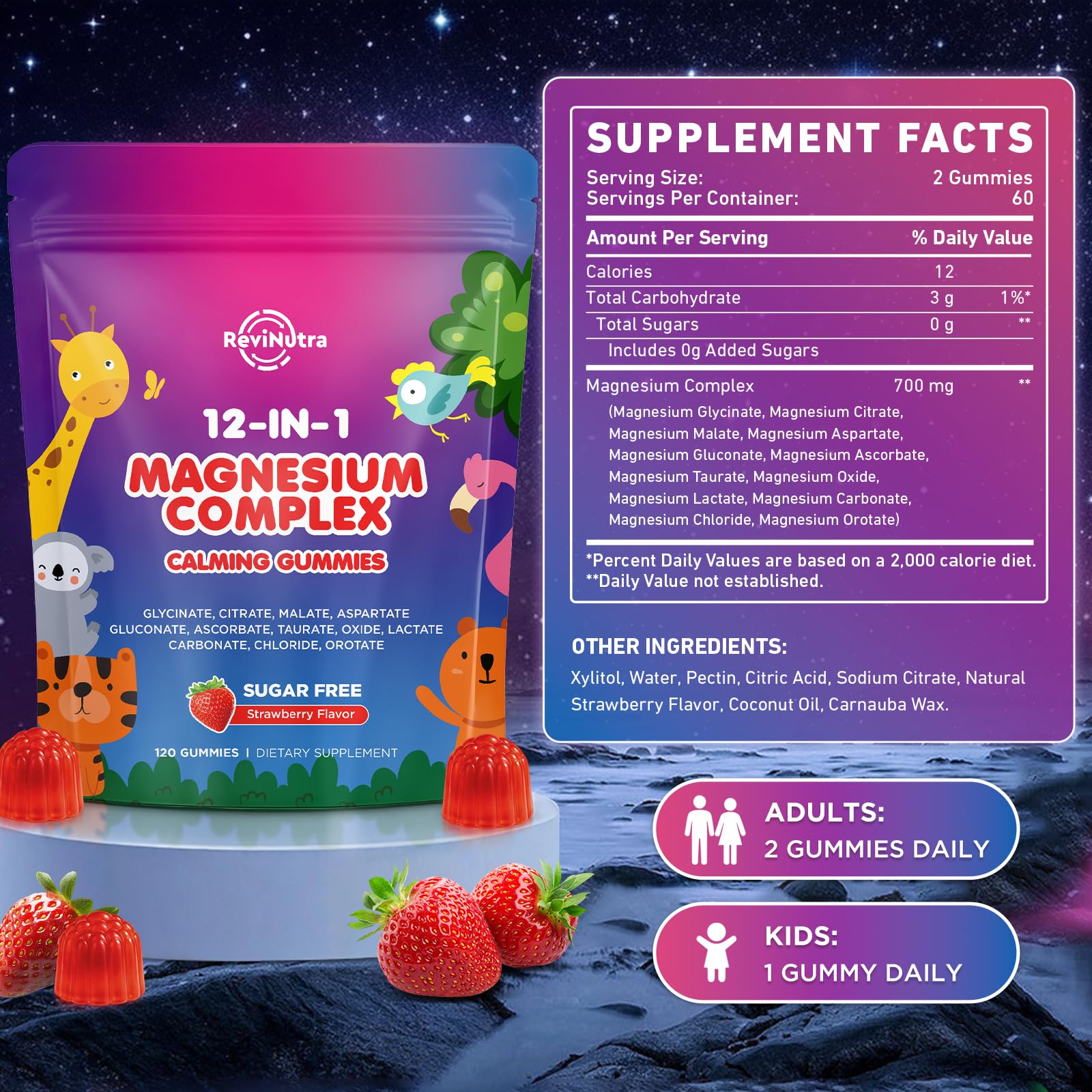 Magnesium Complex 700mg - 12 in 1 Magnesium Gummies with Glycinate, Citrate, Malate, Oxide, Taurate, Aspartate, Orotate - Supports Relaxation, Muscle & Heart - Sugar Free Strawberry 120 Count ReviNutra Au supplements