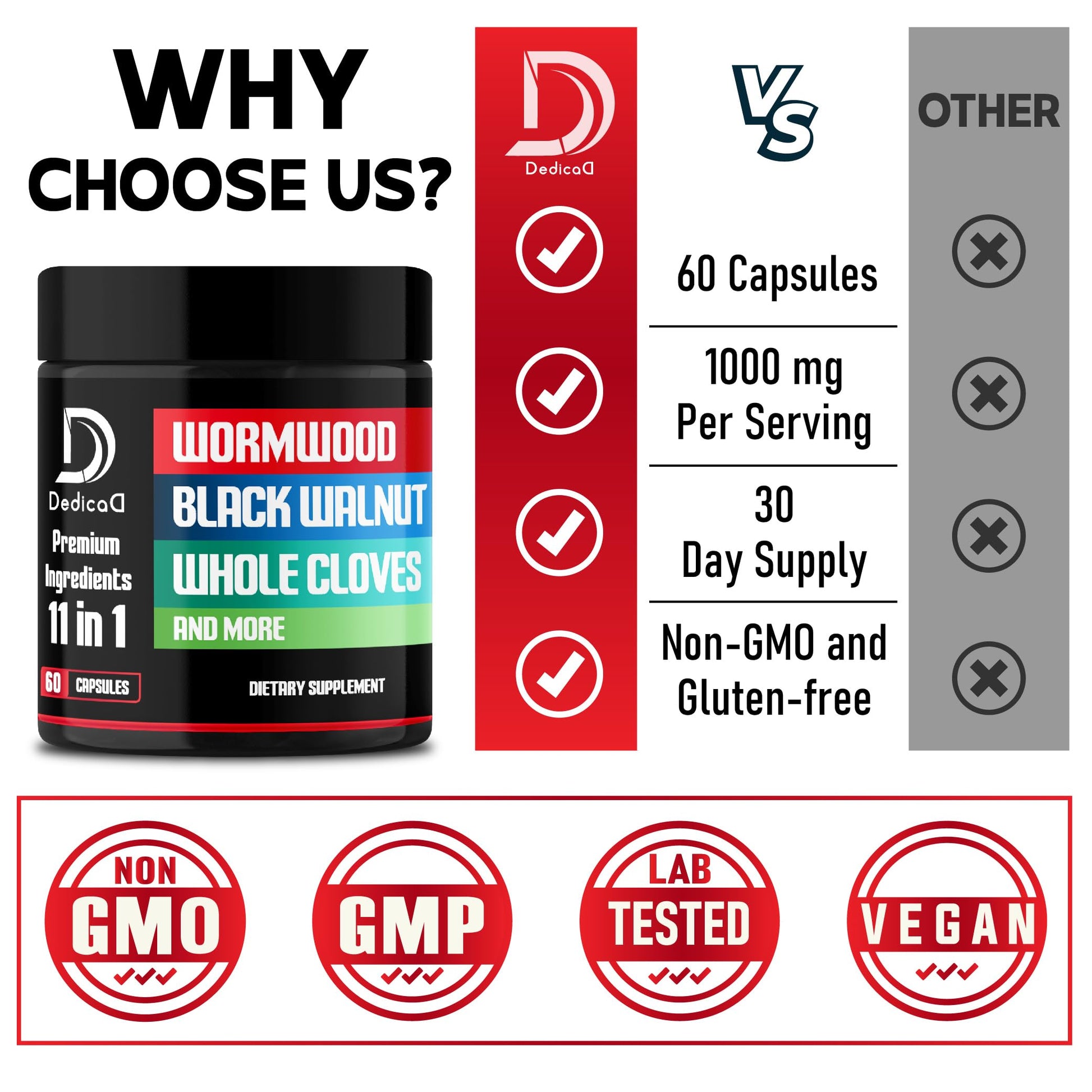 DEDICAD Wormwood Capsules Supplement - Extracted from Black Walnut, Cloves, Turmeric, Apple, Berberine HCl & More - 11 Ingredients Combined for Immune System, Body Management - 60 Capsules DEDICAD Au supplements