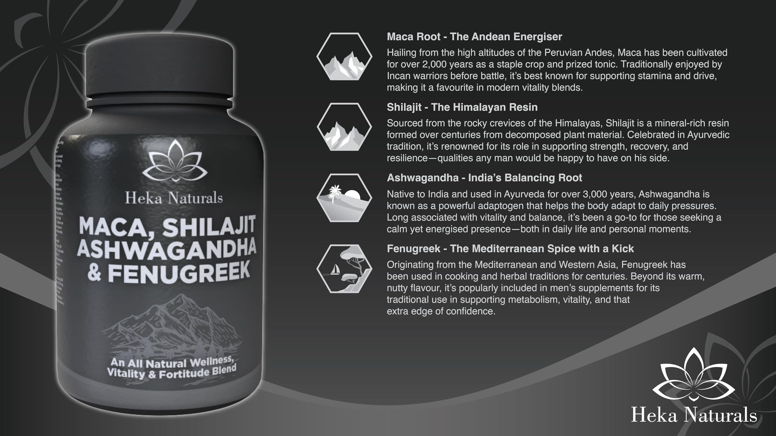 Heka Naturals Male Botanical Complex | 90 Capsules with Ashwagandha, Maca Root, Fenugreek & Shilajit | Traditional Plant-Based Ingredients for Active Lifestyles | Food Supplement Heka Naturals Au supplements