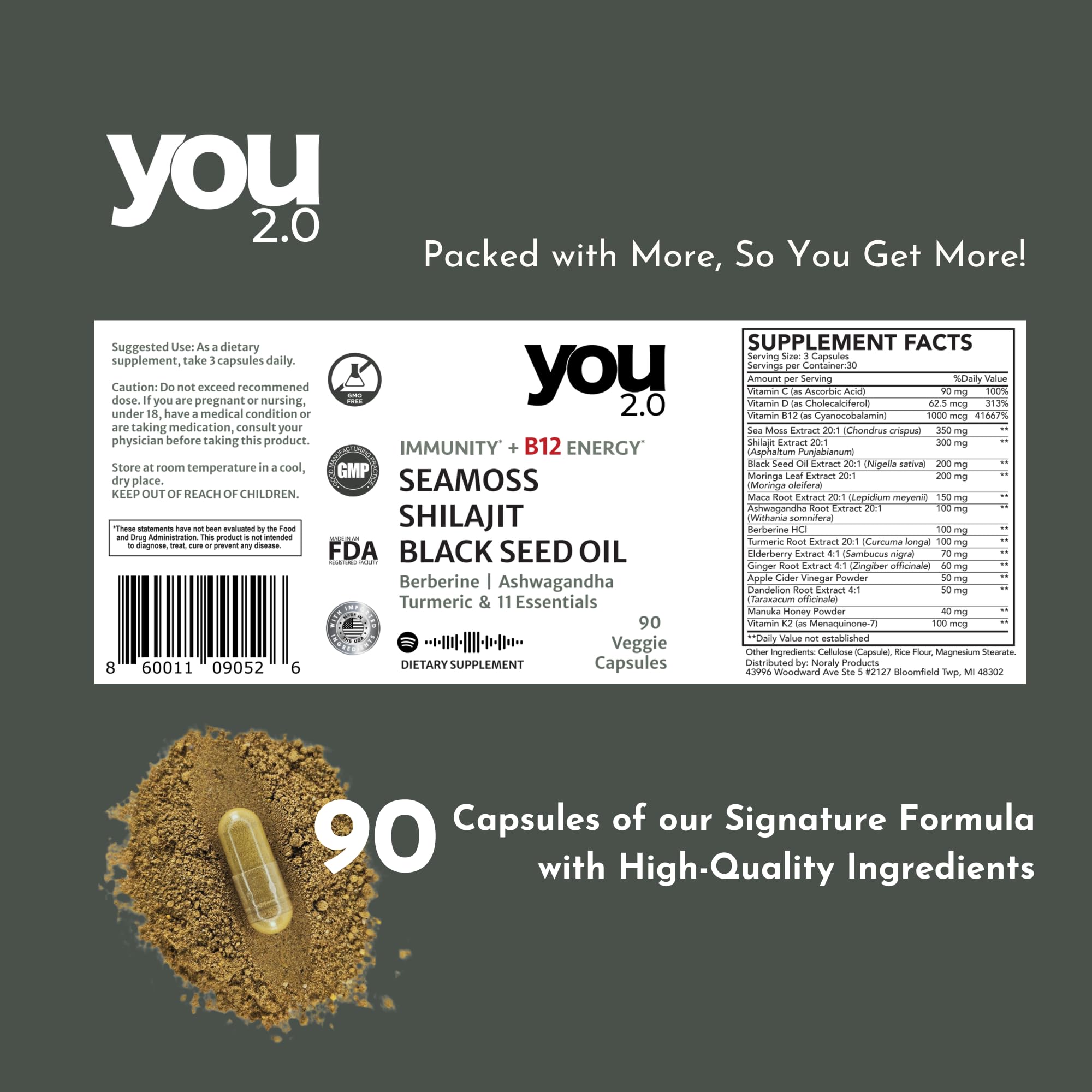 YOU 2.0 Powerhouse Superfood with Seamoss, Shilajit, Ashwagandha, Berberine, Maca, Black Seed Oil, Turmeric, Vitamin C, D, B12, K2 - Moringa, Apple Cider, Made in USA for Overall Health & Immunity YOU 2.0 Au supplements