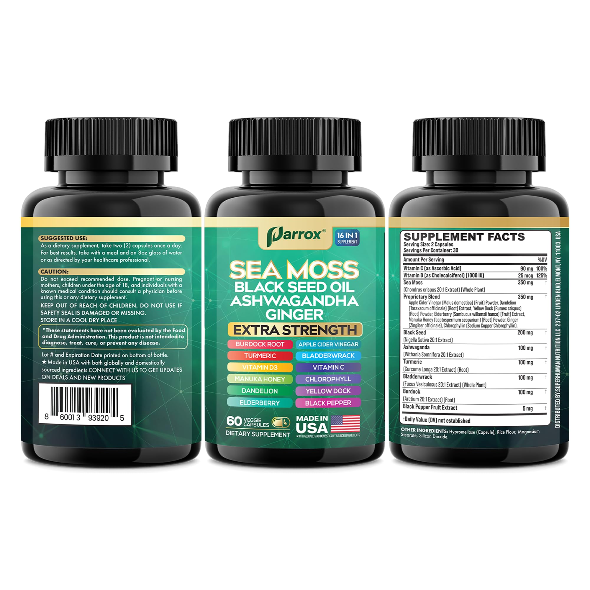 Parrox Sea Moss, Black Seed Oil, Ashwagandha, Turmeric, Chlorophyll, Dandelion, Ginger, Vitamin D3, Black Pepper, Elderberry, ACV, Yellow Dock, Burdock Root, Manuka, Vitamin C, Bladderwrack (60 Caps) Parrox Au supplements