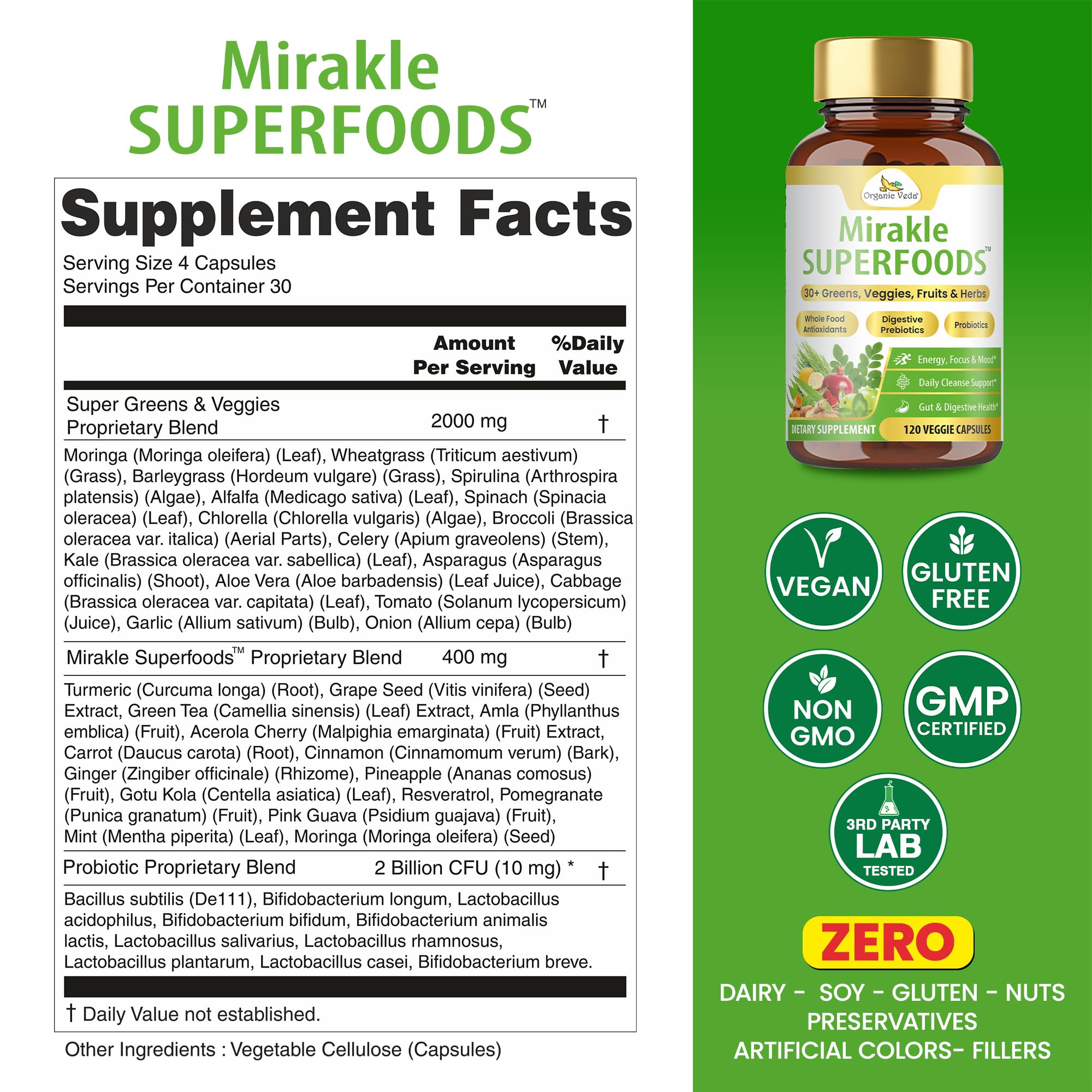Organic Veda Mirakle Superfoods Greens Capsules - 30+ Daily Greens and Veggies Supplement with Moringa, Spirulina, Chlorella, Turmeric & Herbs, Antioxidants, Resveratrol, Probiotics - 120 Capsule Organic Veda Au supplements