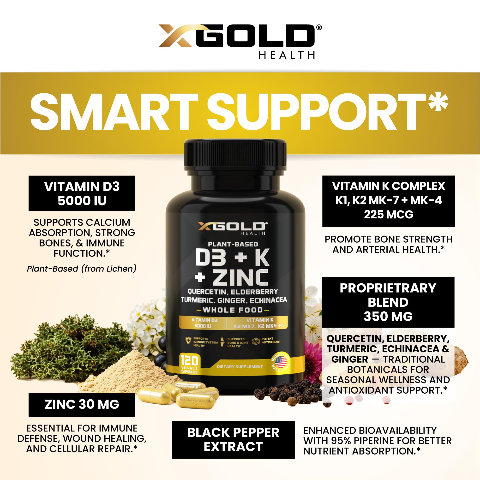 Vitamin D, K2, K1, Zinc, Quercetin, Elderberry, Turmeric, Ginger & Echinacea Whole Food Supplement 8 in 1- D3 5000 IU Plant-Based from Lichen, Vitamin K (K2 MK7, MK4, K1), D3 K2 Vitamins -120 Capsules X Gold Health Au supplements