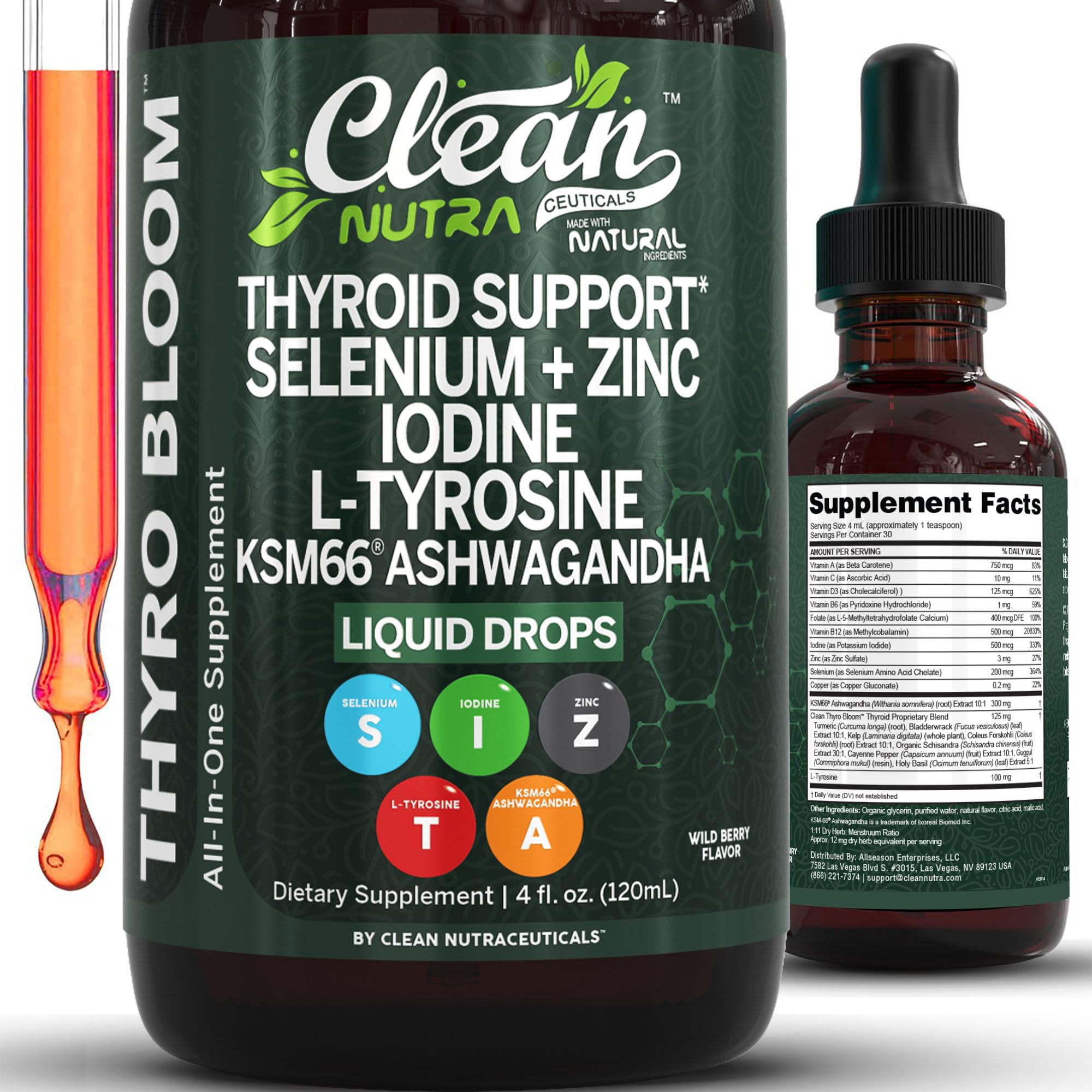 Clean Nutra Thyroid Support Drops Selenium Zinc Iodine L Tyrosine KSM66 Ashwagandha Vitamin D3 B12 A C Turmeric Kelp Schisandra Guggul Cayenne Basil Liquid Supplement Folate Copper Thyro Bloom Drop Clean Nutraceuticals Au supplements