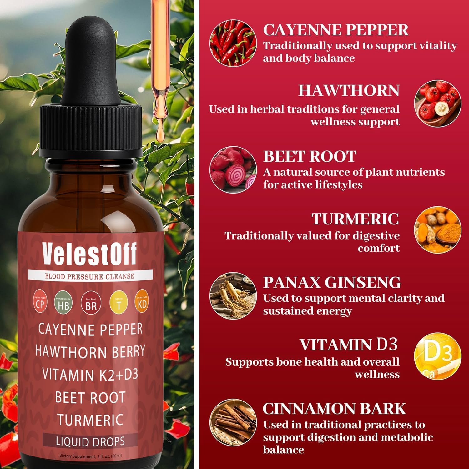 Velestoff Cayenne Pepper | Cayenne Heart & Circulation Blend – Botanical Extracts with Hawthorn, Beet Root, Turmeric, Vitamin K2 & D3 – Daily Wellness Drops (2 fl oz) (1) DFTLUUE Au supplements