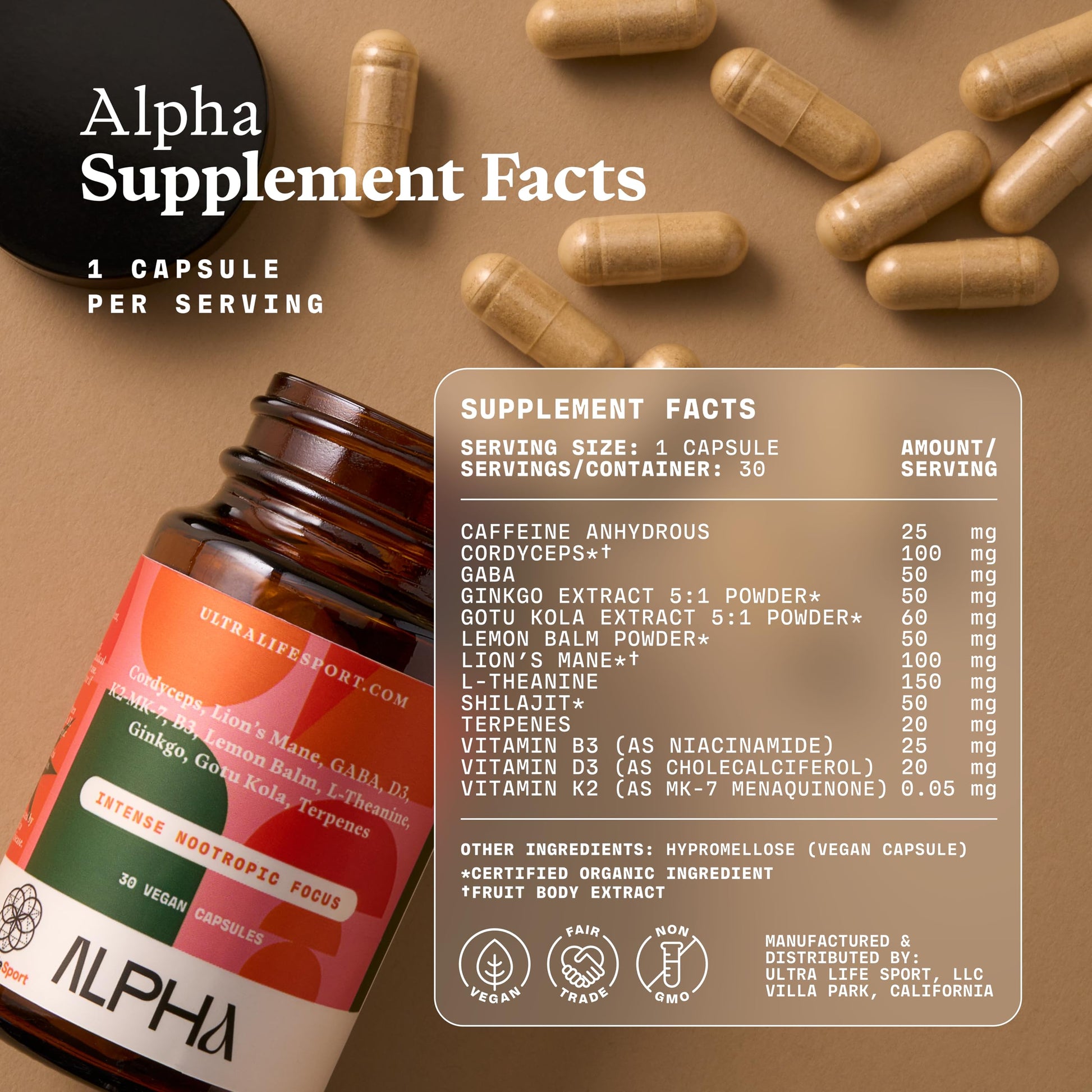 Ultra Life Sport - Alpha Nootropic - 30 Capsule Body and Brain Supplements for Memory and Focus - L-Theanine, B Vitamins, Lion's Mane, Cordyceps Mushrooms, Vitamin D3, K2 MK-7, Lemon Balm and Ginkgo Ultra Life Sport Au supplements