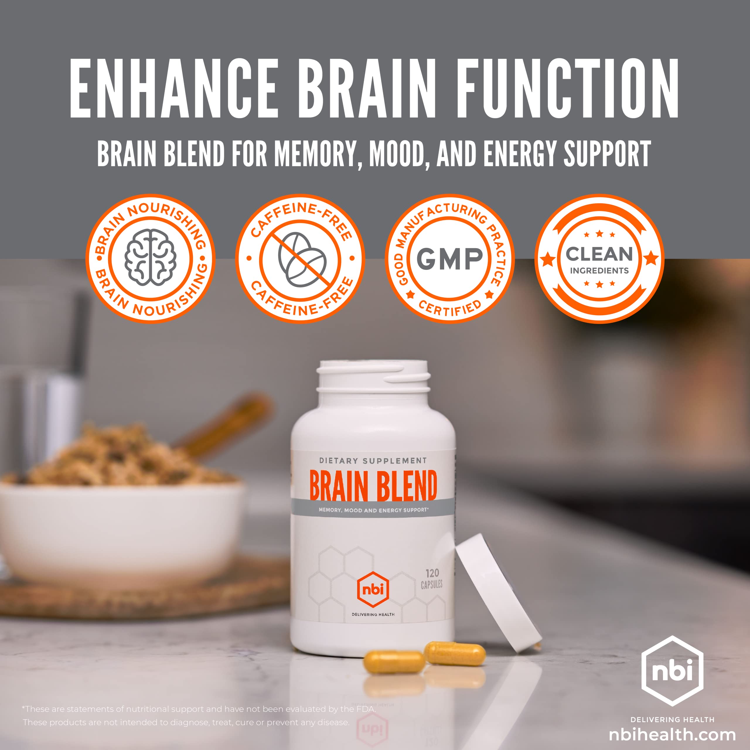 NBI Brain Blend for Memory, Focus, Concentration, Cognitive Function for Men & Women | Caffeine-Free with ALCAR, Alpha Lipoic Acid, Huperzine A, Turmeric | Nootropic | 120ct Capsules NBI Au supplements