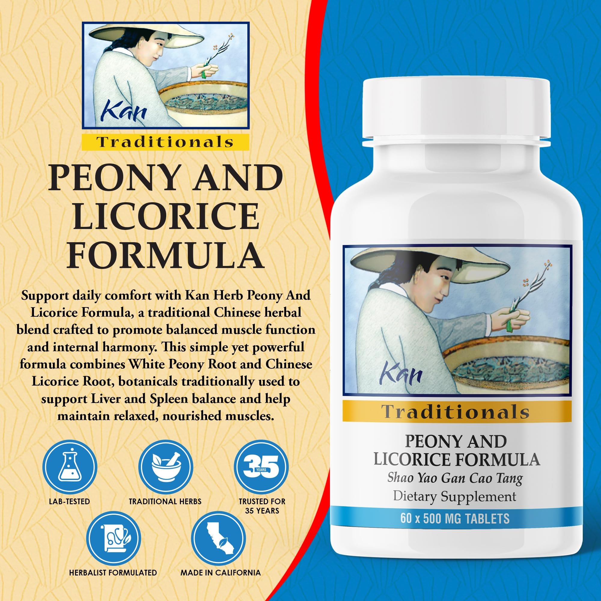 Kan Herbs Company Peony & Licorice Formula Tablets – Traditional Chinese Herbal Blend with White Peony Root & Chinese Licorice to Support Liver Balance, Muscle Comfort & Digestive Harmony, 60 Tablets Kan Herb Au supplements