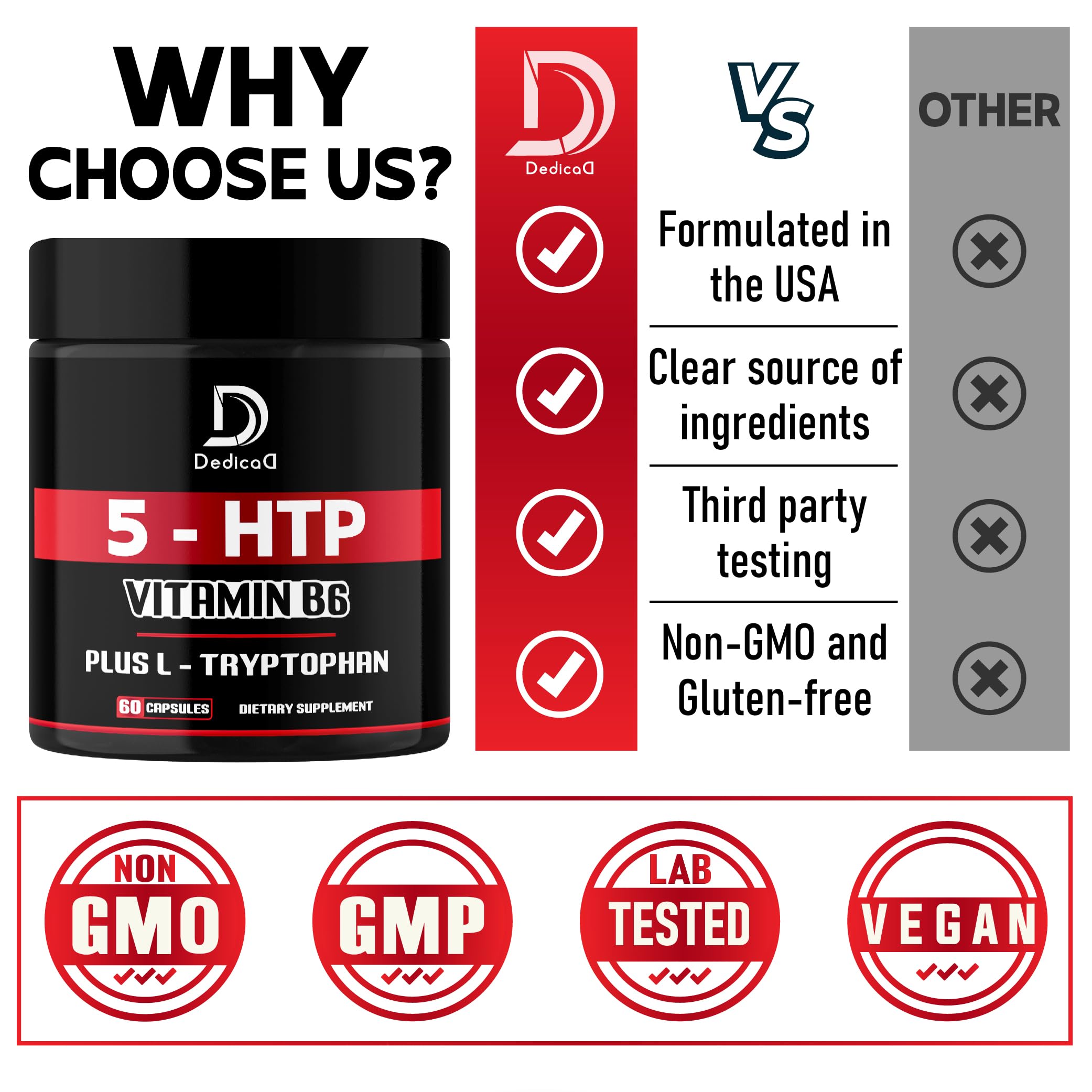 DEDICAD 5 HTP Supplement 1010mg - 60 Capsules - 3in1 Combined with Vitamin B6, L-Tryptophan - Comfortable Mood, Brain Health, Body Management & Immune System Support DEDICAD Au supplements