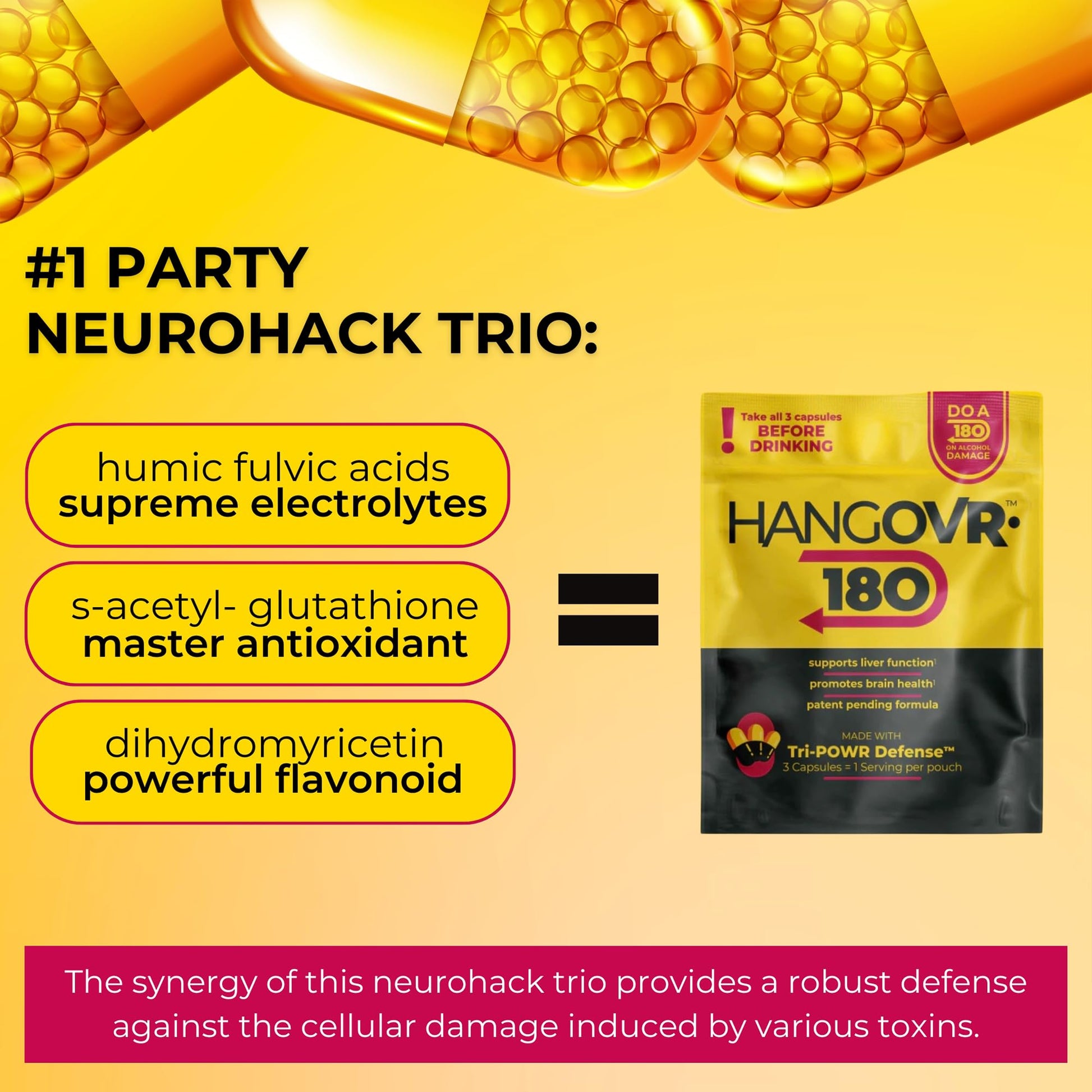 Hangovr 180 Tri-Power Before Drinking Defense 4 Pack - Support Liver & Brain Health, Feel Fresher & Better Energy - - Take Before Drinking for Relief, 3 Capsules per Pouch HANGOVR-180 Au supplements