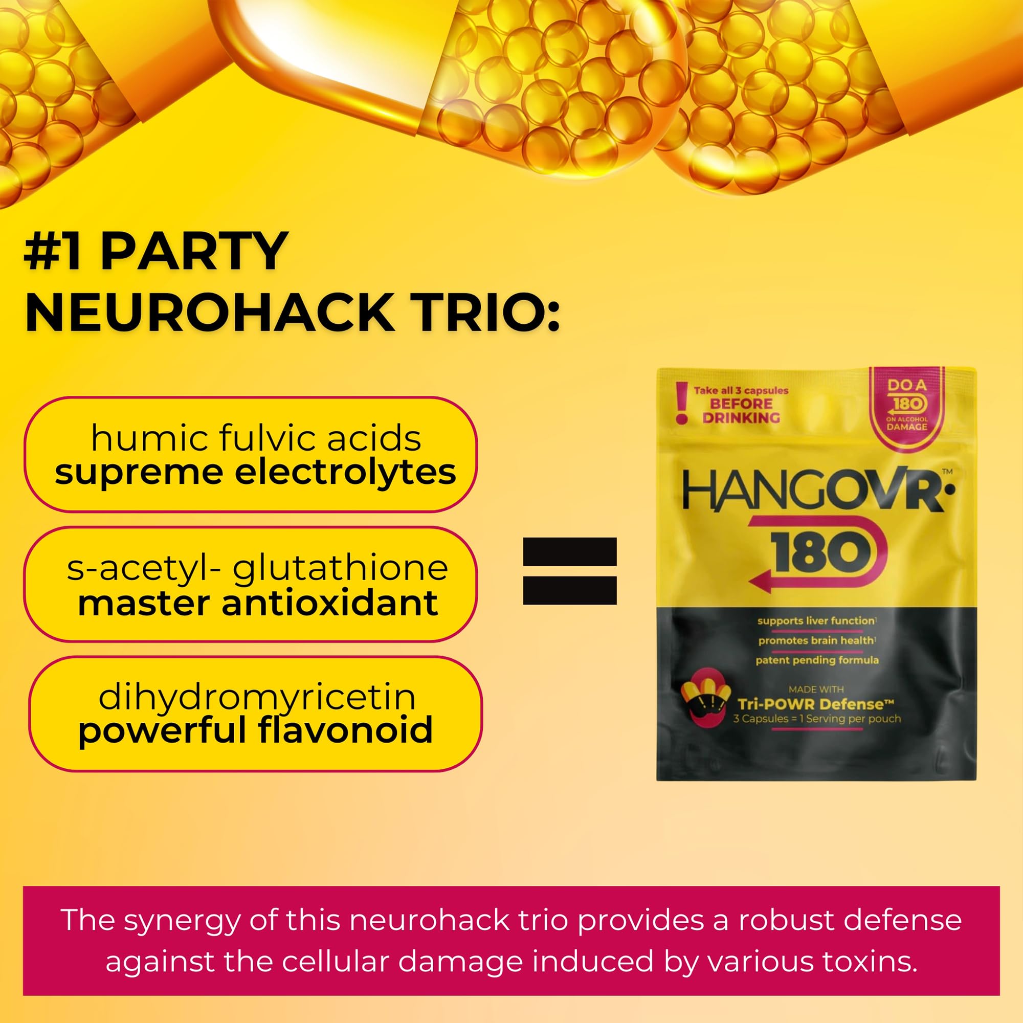 Hangovr 180 Tri-Power Before Drinking Defense 4 Pack - Support Liver & Brain Health, Feel Fresher & Better Energy - - Take Before Drinking for Relief, 3 Capsules per Pouch HANGOVR-180 Au supplements