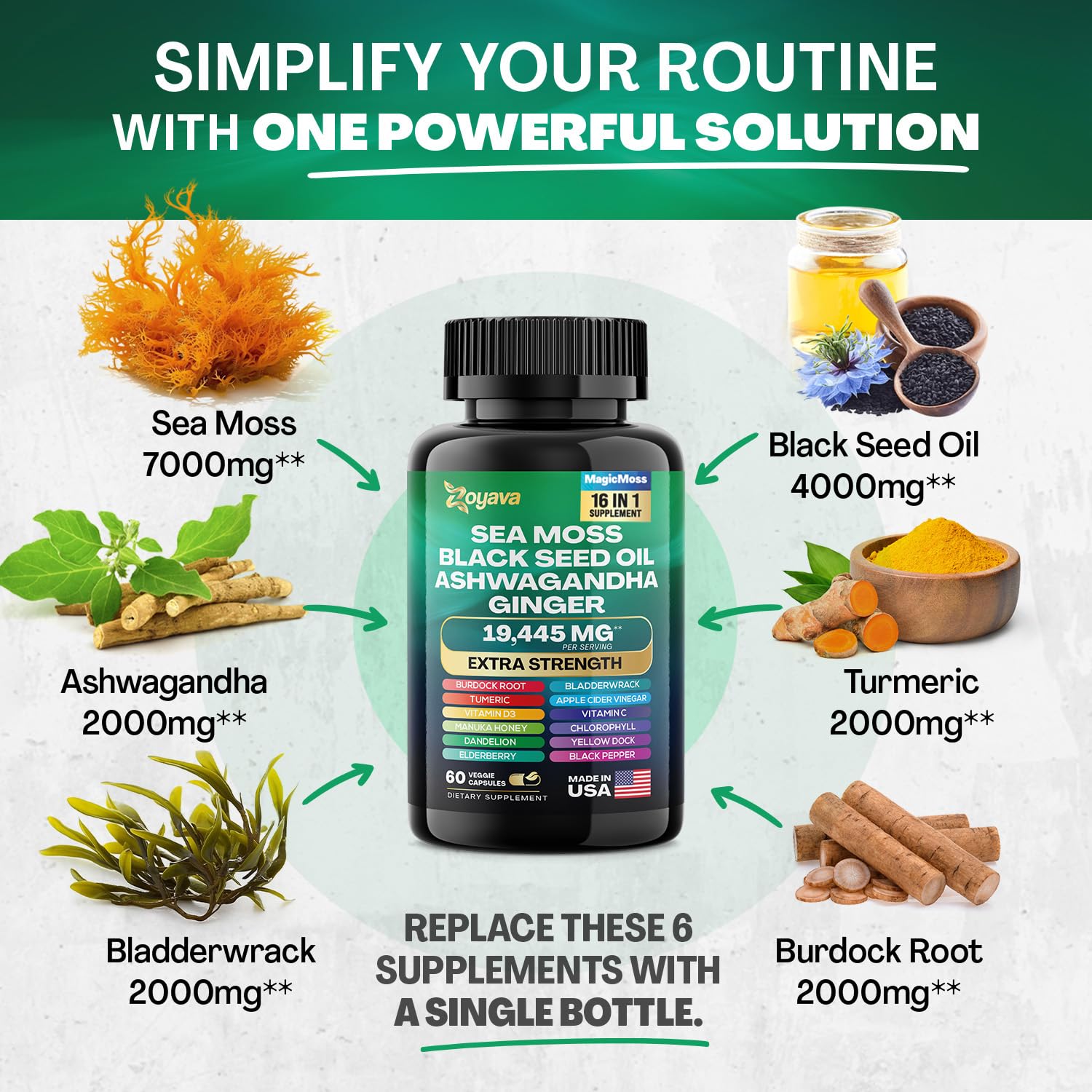 Zoyava Sea Moss 16-in-1 Blend 19,445 MG (60 Caps) and Colostrum 8-in-1 5,250 MG Zoyava Au supplements