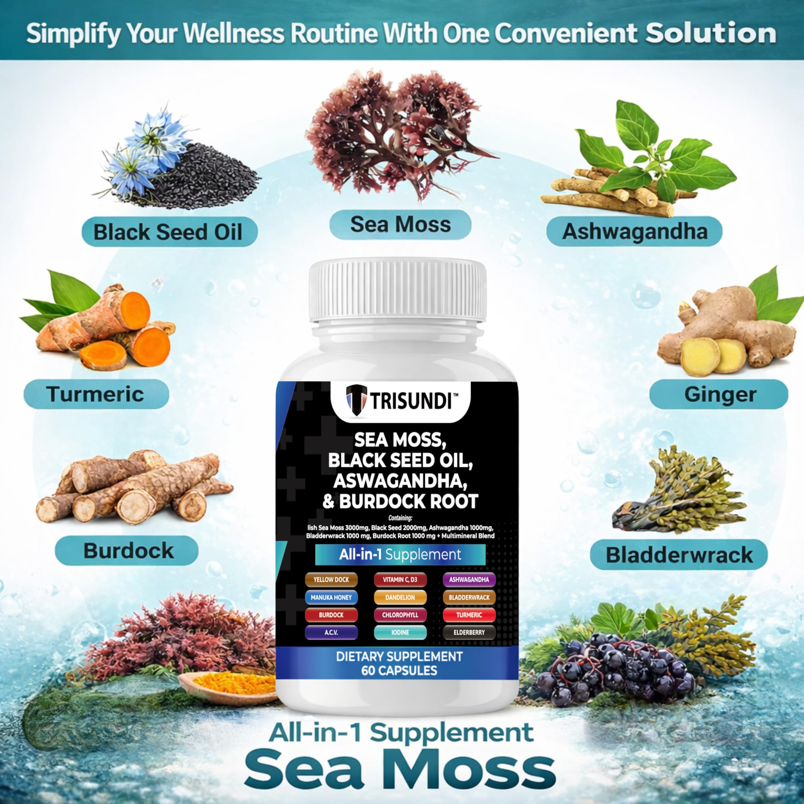 Trisundi Sea Moss Complex with Black Seed Oil, Ashwagandha & Burdock Root – All-in-One Herbal Supplement with Vitamins & Minerals – 60 Capsules Trisundi Au supplements
