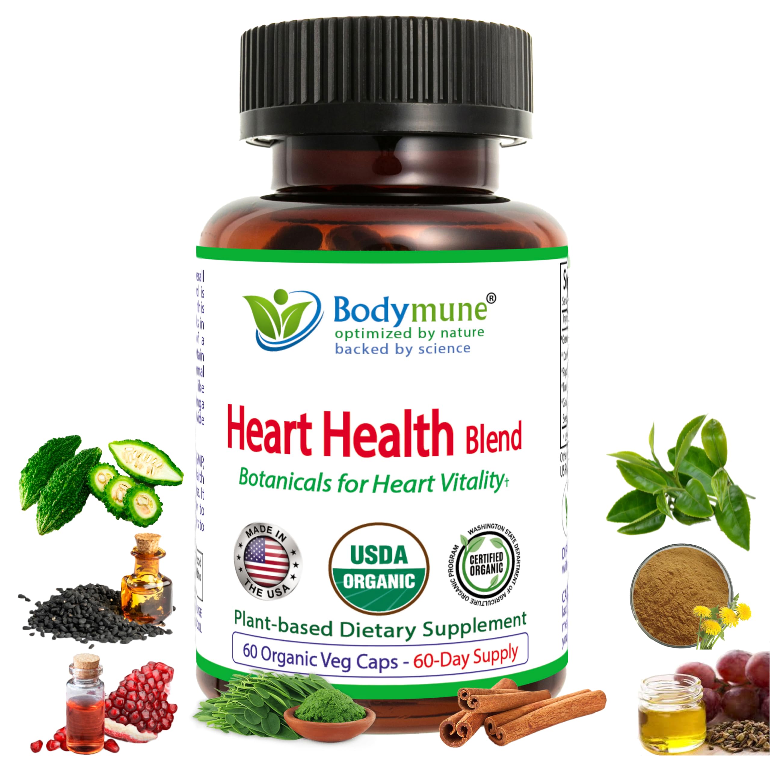 Bodymune Heart Health Blend Cholesterol Support – Organic Cardiovascular & Circulation Supplement – with Green Tea, Pomegranate & Black Seed Oil – 66 Capsules – USDA Organic, Vegan Bodymune Au supplements