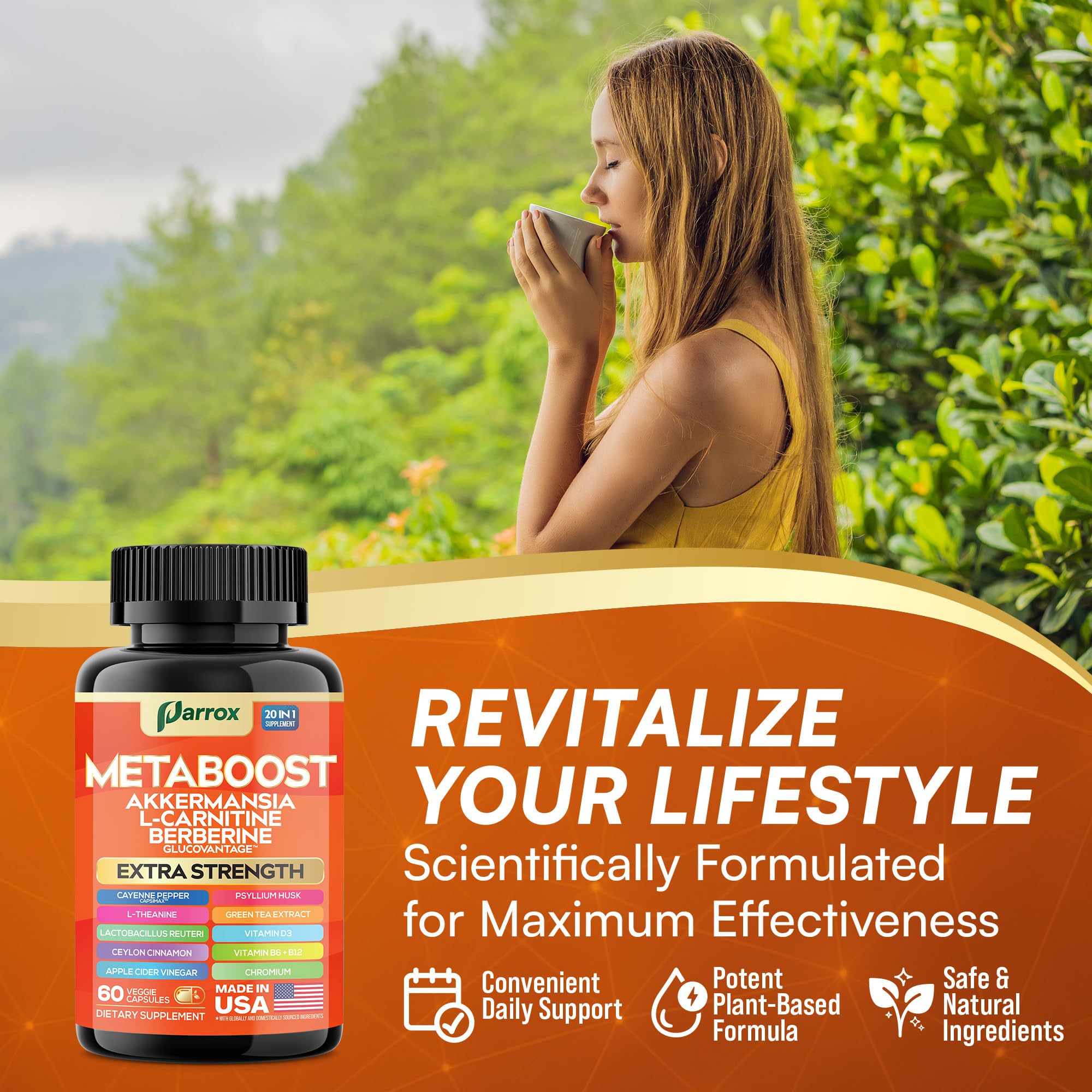 GLP-1 Booster Supplement, Akkermansia, L-Carnitine, Berberine (GlucoVantage), Methylfolate, Methylated B12, Chromium, Capsimax, Psyllium Husk, Probiotics Vitamins D3, B6, 20-in-1 Plant-Based (60 Caps) Parrox Au supplements