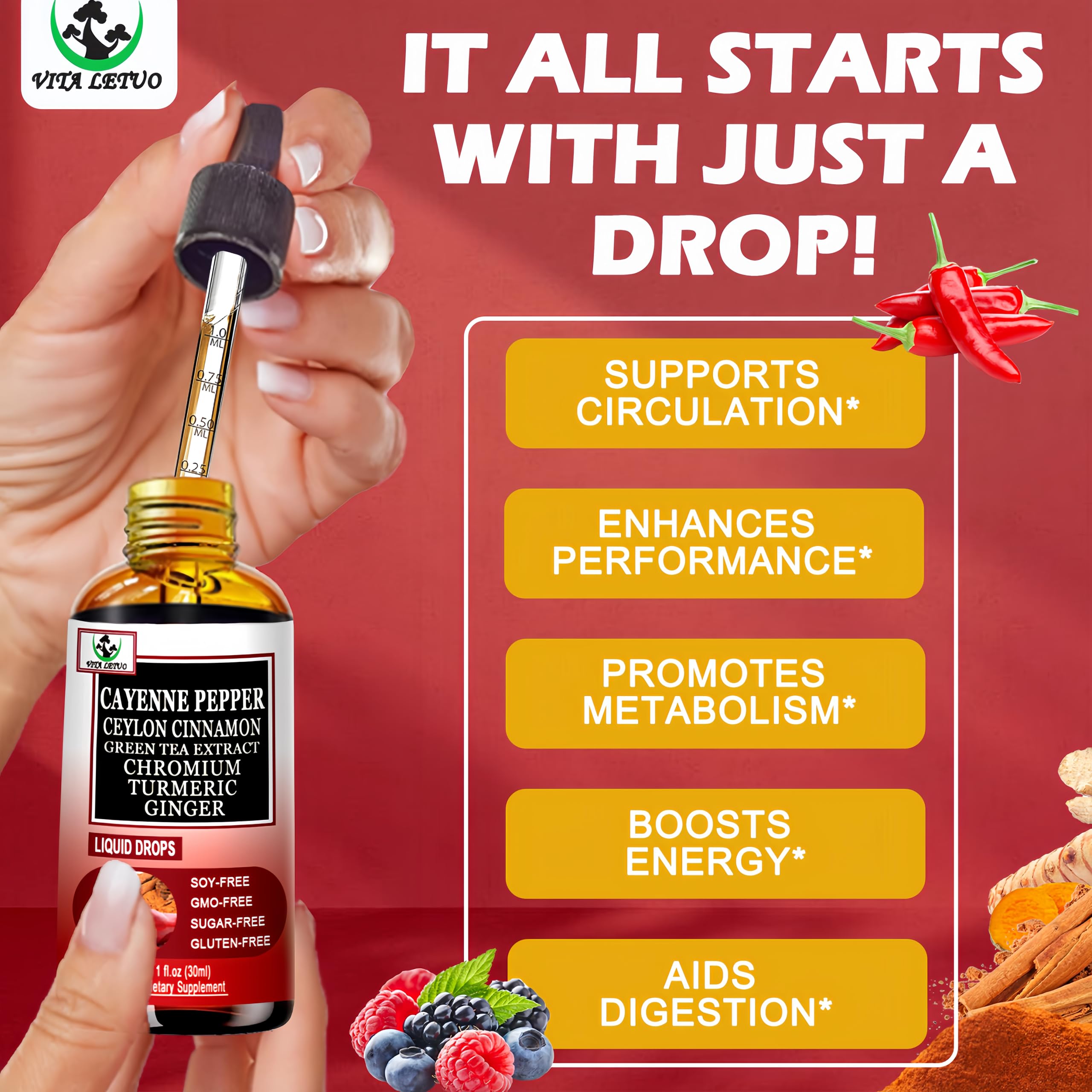 Cayenne Pepper Drops, High Absorption 6-in-1 Liquid Cayenne Pepper Supplement w/Ceylon Cinnamon, Green Tea Extract, Turmeric, Organic Liquid Drops Than Cayenne Capsules Powder Vita letuo Au supplements