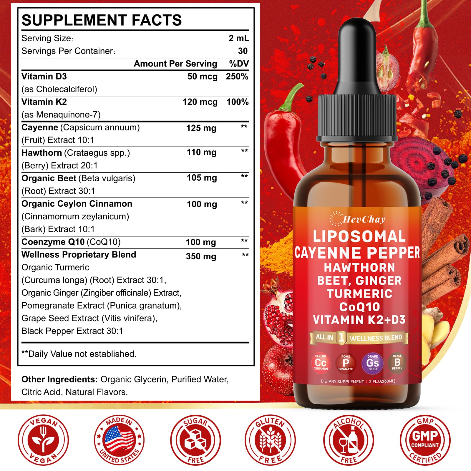 Cayenne Pepper Drops Liposomal Supplement Liquid + Hawthorn Berry, Vitamin D3 K2 Beet Root Powder, Ceylon Cinnamon, CoQ10, Turmeric Curcumin, Cayenne Pepper Extract - 2oz HevChay Au supplements