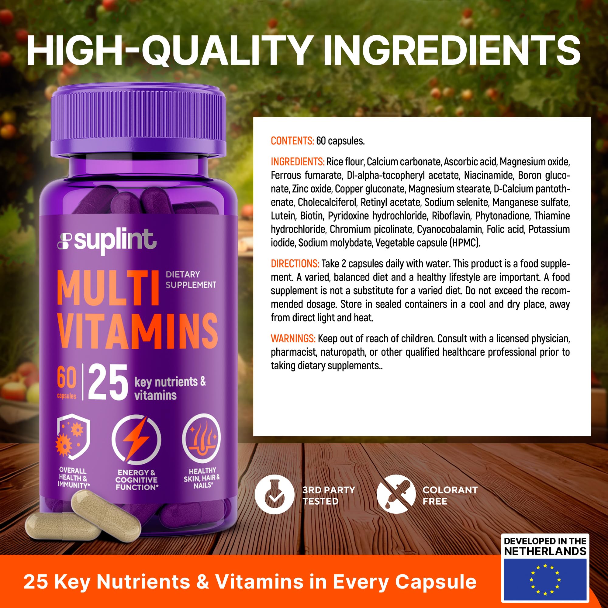 Multivitamin Supplement | Complex with Vitamin A, C, D, E, K1, B, Zinc & Chromium | Hair, Skin & Nail Beauty Vitamins | Immune Support Supplements for Men & Women | 60 Capsules SUPLINT Au supplements