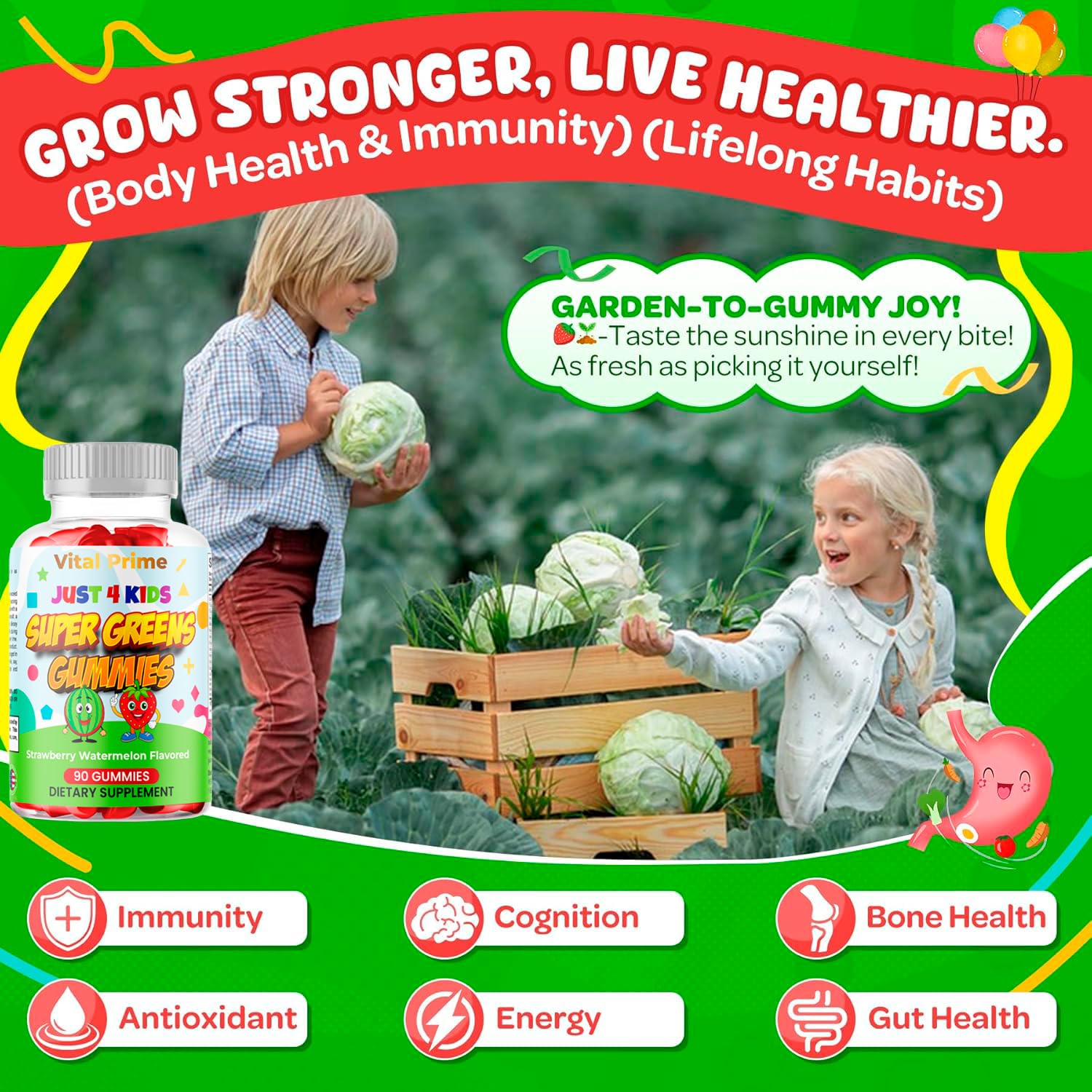 FourRoar Vital Prime Super Green Gummies for Kids 90 Count Strawberry & Watermelon Flavor | Fruit and Vegetable Gummies | Vegan Veggies Gummy Multivitamin for Kids FourRoar Au supplements