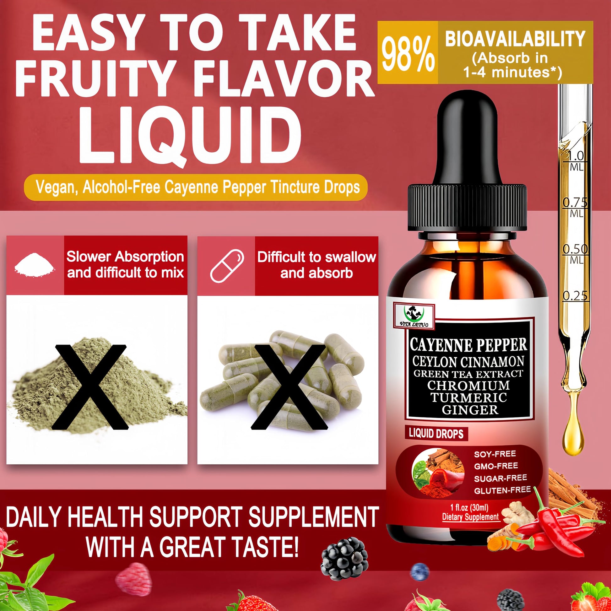 Cayenne Pepper Drops, High Absorption 6-in-1 Liquid Cayenne Pepper Supplement w/Ceylon Cinnamon, Green Tea Extract, Turmeric, Organic Liquid Drops Than Cayenne Capsules Powder Vita letuo Au supplements