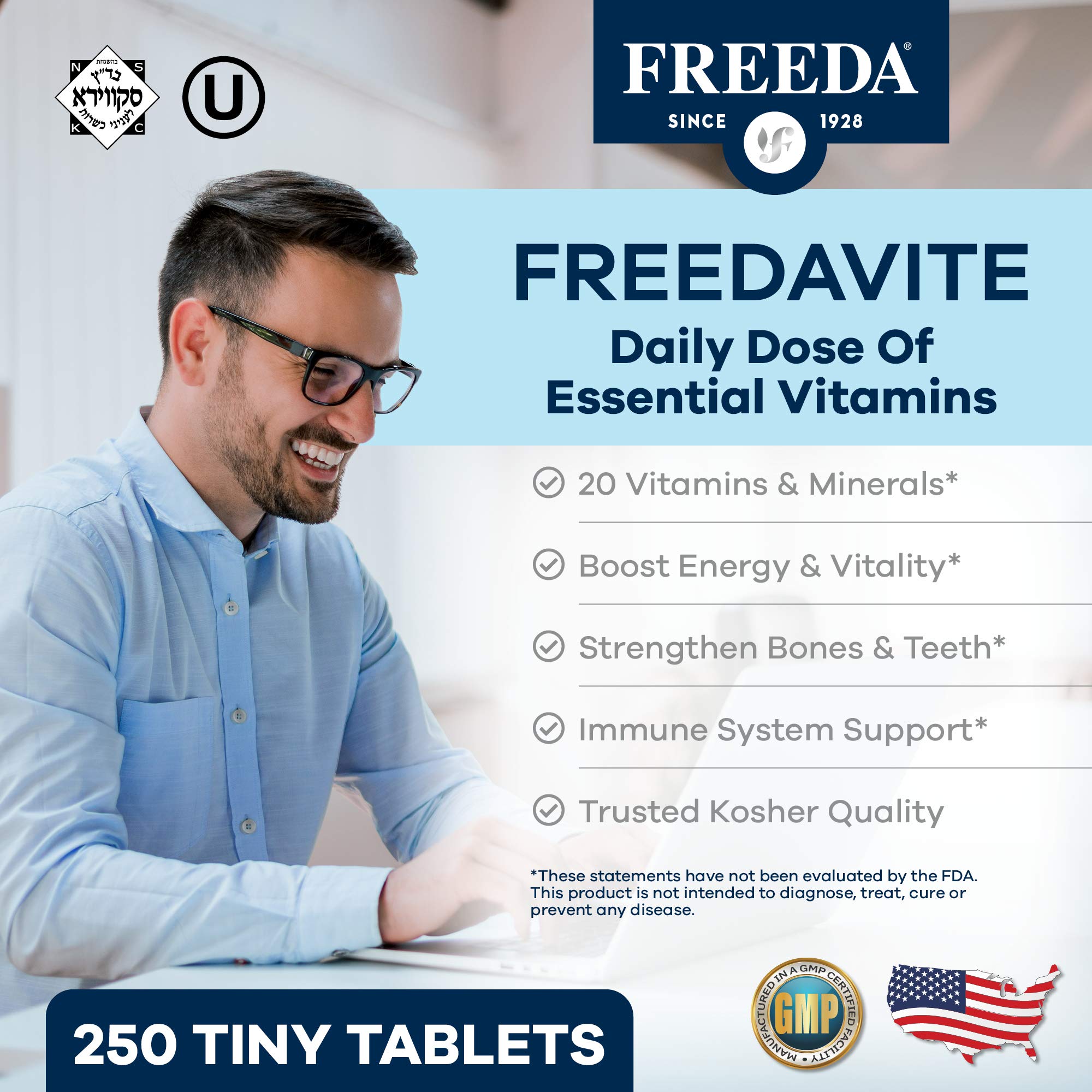 Freedavite Tiny Tablet - Moderate Multivitamin for Men and Women - Pure Vitamin A, C, D, E, B1, B2, B6, B12, Biotin, Calcium, Zinc, Iron, Magnesium