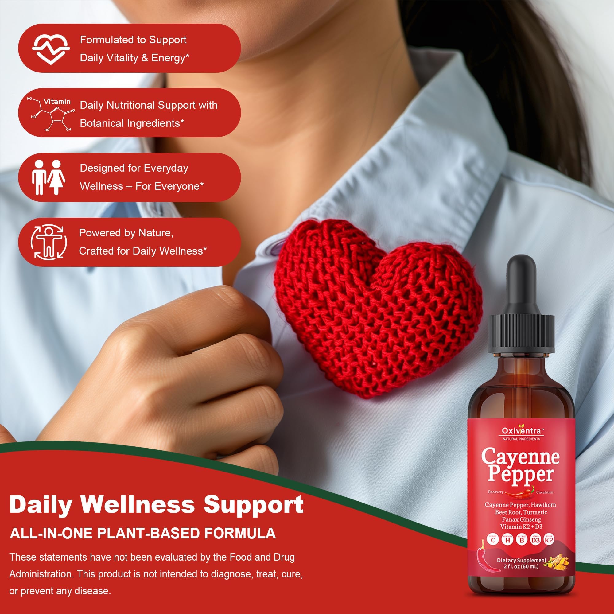 Cayenne Pepper Drops Liquid Supplement Smooth & Sweet Herbal Liquid + Hawthorn Berry, Vitamin D3 K2 Beet Root Powder, Ceylon Cinnamon, Turmeric Curcumin, Organic Panax Ginseng - 2fl oz Oxiventra Au supplements