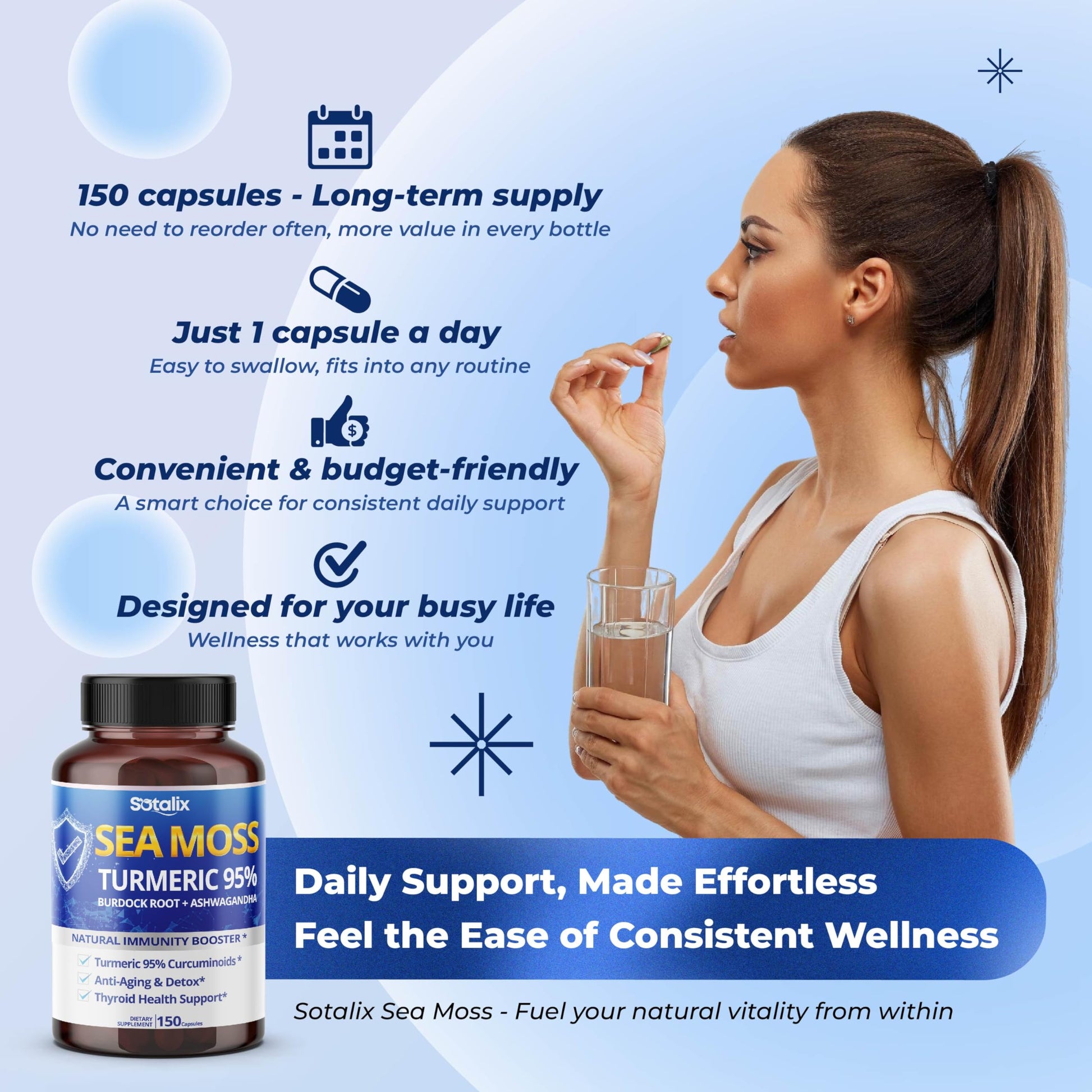 Sotalix Sea Moss Capsule with Ashwagandha, Burdock Root, Bladderwrack, Turmeric - Powerful Natural Immunity Booster (150 Count (Pack of 1)) SOTALIX SUPPLEMENT Au supplements