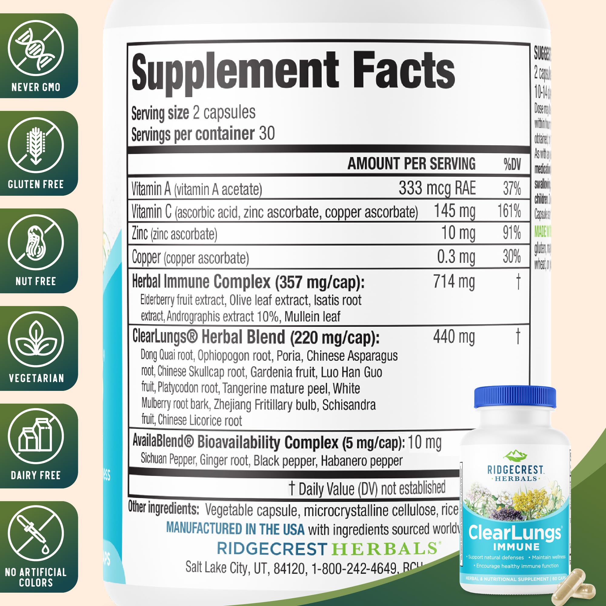RidgeCrest Herbals ClearLungs Immune, Lung Support Supplement with Elderberry, Zinc, Vitamin C, Vitamin A, Olive Leaf, Mullein, Lung Wellness Formula for Respiratory Health (60 Vegan Caps, 30 Serv) RidgeCrest Herbals Au supplements