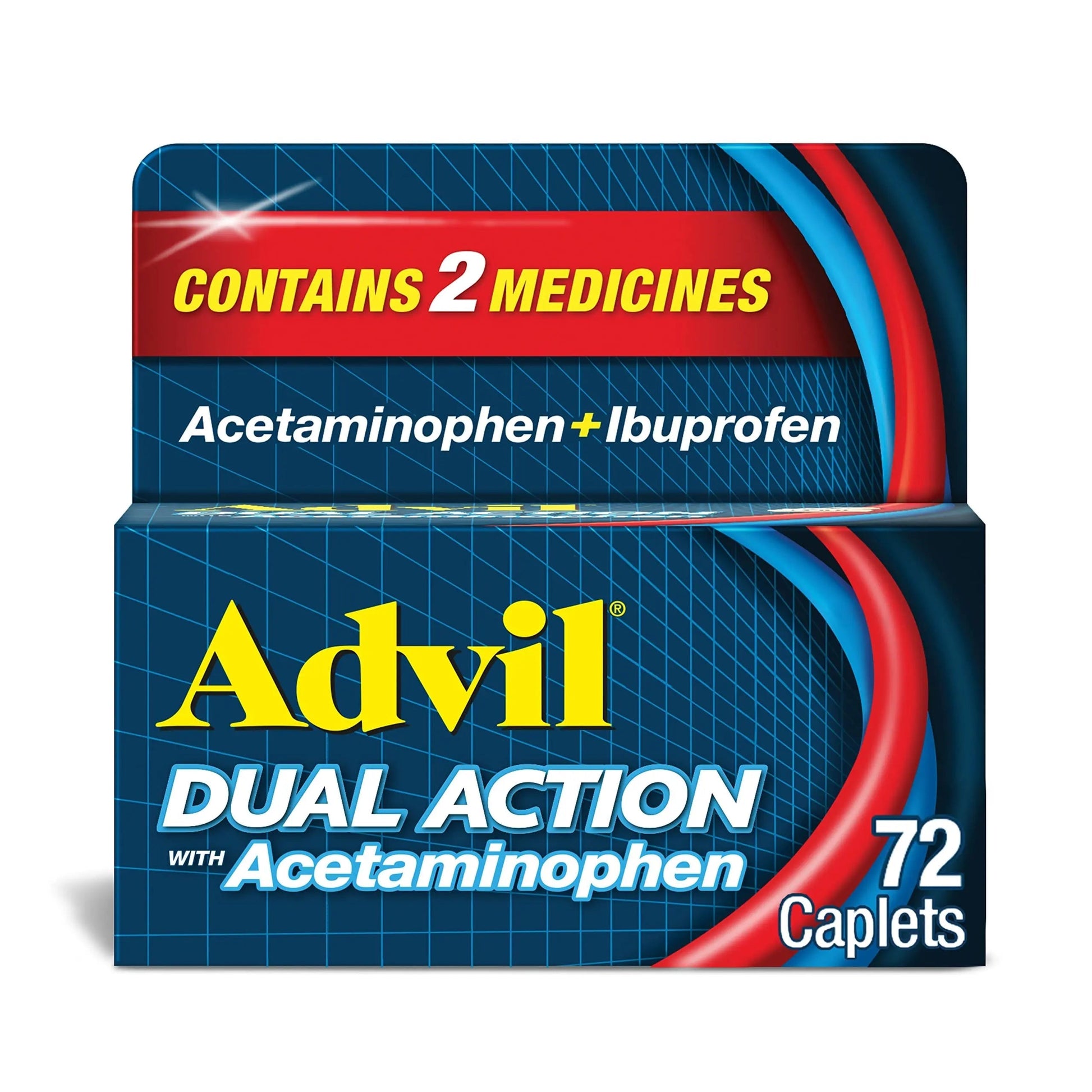 Advil Dual Action Coated Caplets with Acetaminophen, 250 Mg Ibuprofen and 500 Mg Acetaminophen Per Dose (2 Dose Equivalent) for 8 Hour Pain Relief - 72 Count Advil Au supplements