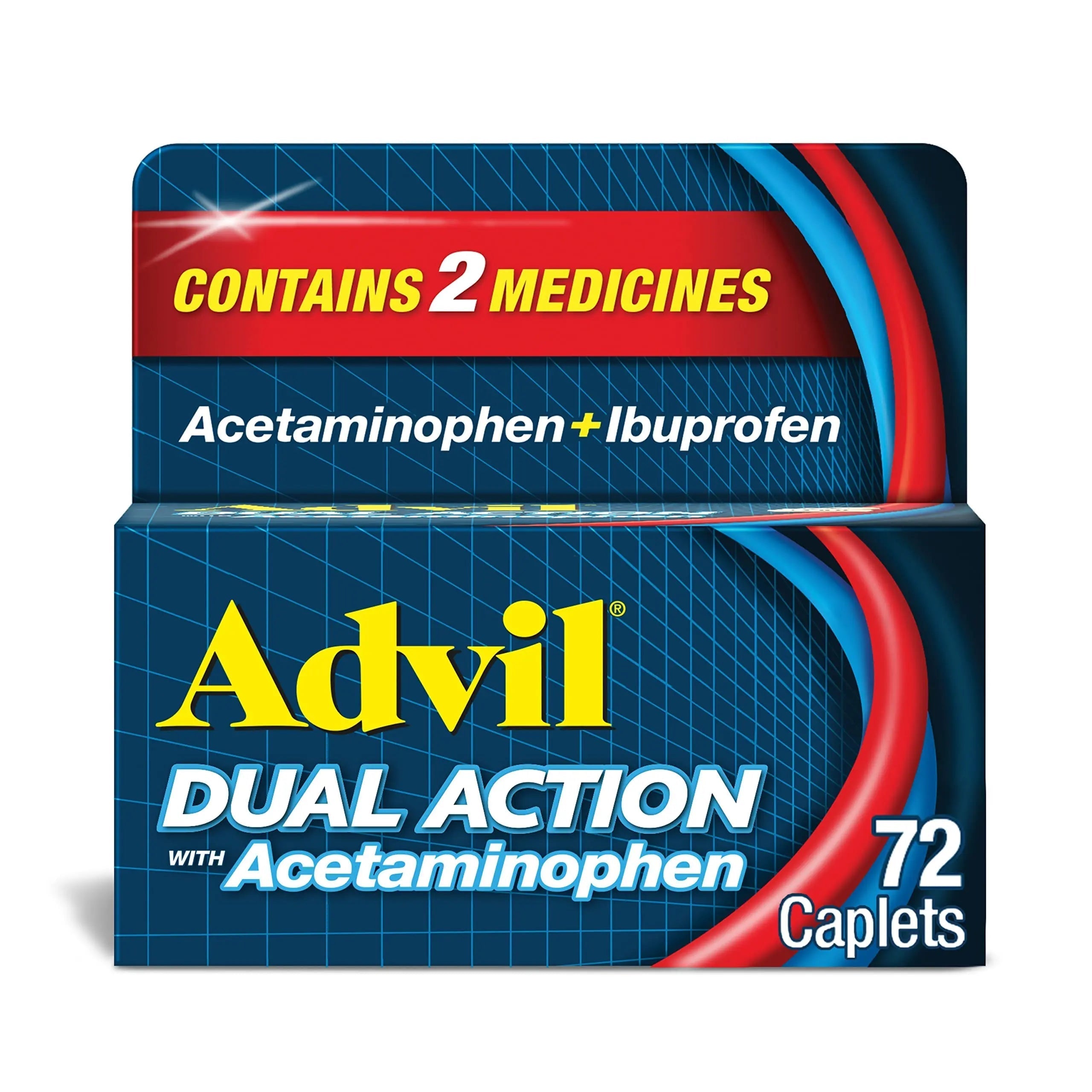 Advil Dual Action Coated Caplets with Acetaminophen, 250 Mg Ibuprofen and 500 Mg Acetaminophen Per Dose (2 Dose Equivalent) for 8 Hour Pain Relief - 72 Count Advil Au supplements