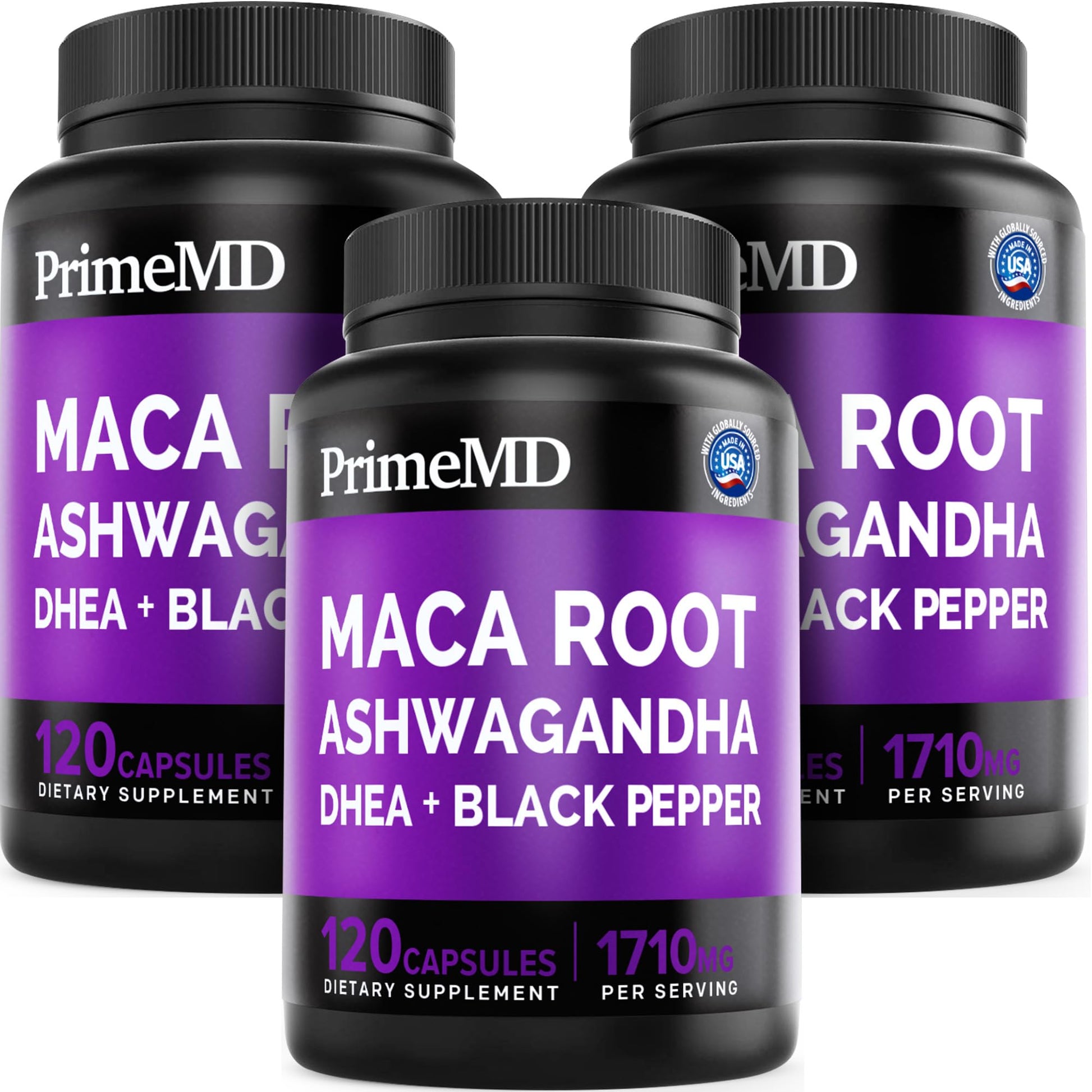 6-in-1 Organic Maca Root Ashwagandha Capsules 1710mg with DHEA and Black Pepper Fruit Extract for Women and Men - Black Maca Supplement for Stamina, Bone and Mood Support Supplement, 120ct (Pack of 3) PrimeMD Au supplements