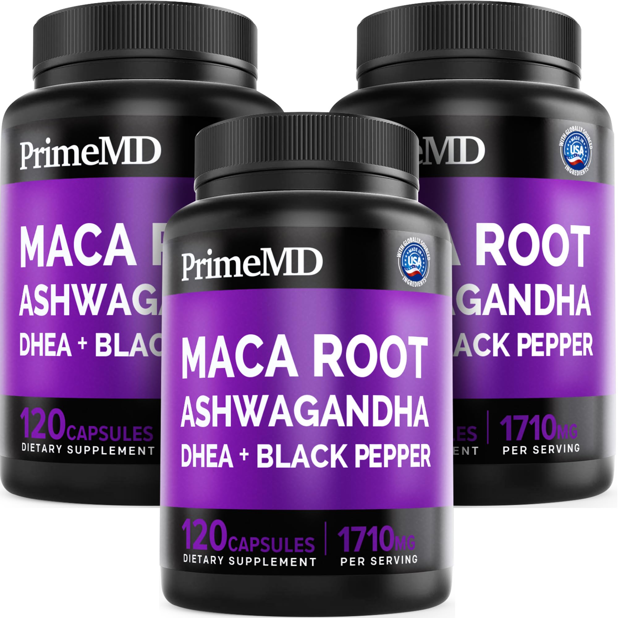 6-in-1 Organic Maca Root Ashwagandha Capsules 1710mg with DHEA and Black Pepper Fruit Extract for Women and Men - Black Maca Supplement for Stamina, Bone and Mood Support Supplement, 120ct (Pack of 3) PrimeMD Au supplements