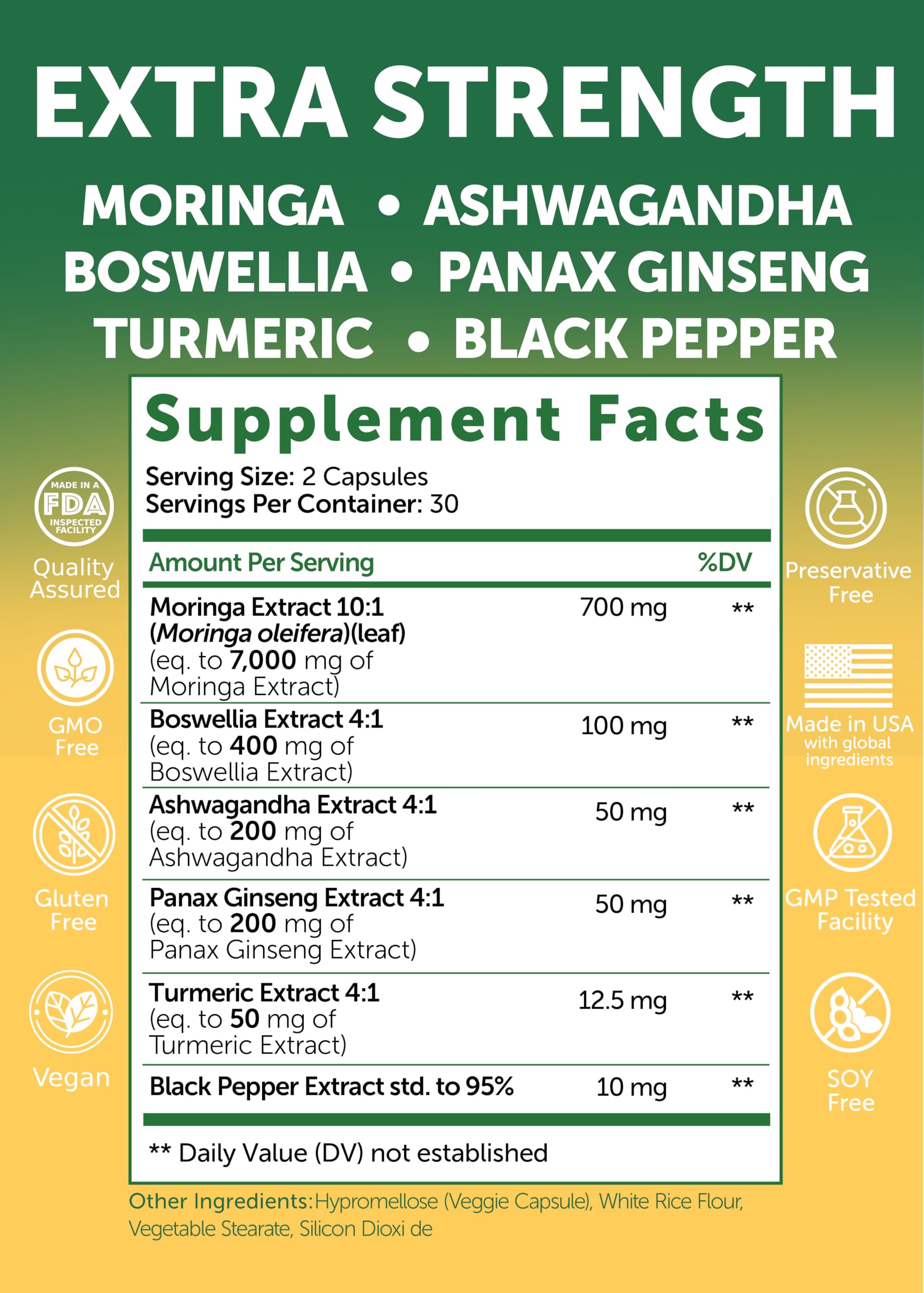 Lunakai USA Made Pure Moringa Capsules – Advanced Moringa Leaf Extract Supplement with Ashwagandha, Boswellia, Ginseng & Turmeric, 60ct Lunakai Au supplements