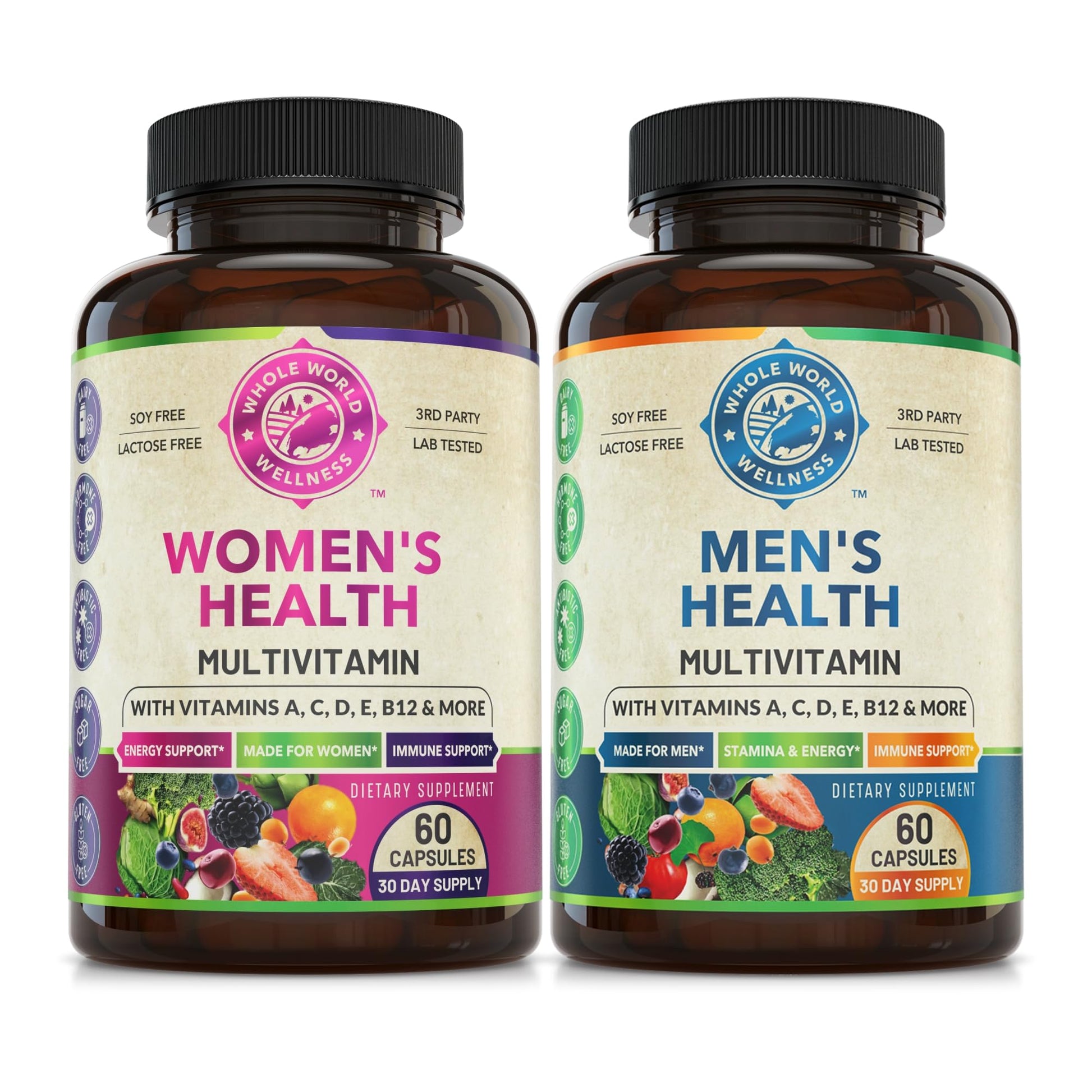Womens Daily Multivitamins & Mens Daily Multivitamins Bundle (One Bottle Each) - Supports Holistic Wellness, Including Energy & Focus. Multivitamin & Multimineral Blend. Made in The USA. WHOLE WORLD WELLNESS Au supplements