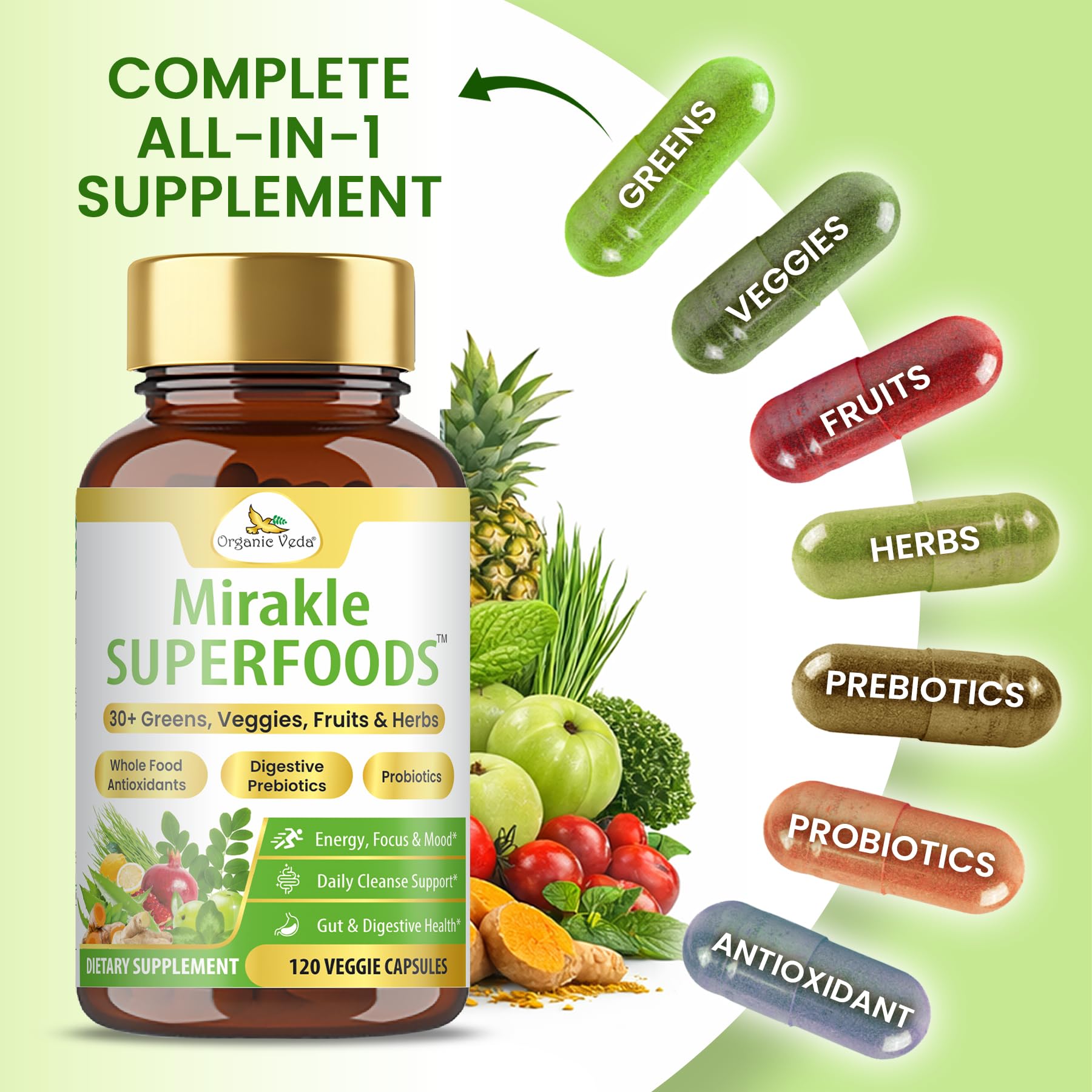 Organic Veda Mirakle Superfoods Greens Capsules - 30+ Daily Greens and Veggies Supplement with Moringa, Spirulina, Chlorella, Turmeric & Herbs, Antioxidants, Resveratrol, Probiotics - 120 Capsule Organic Veda Au supplements