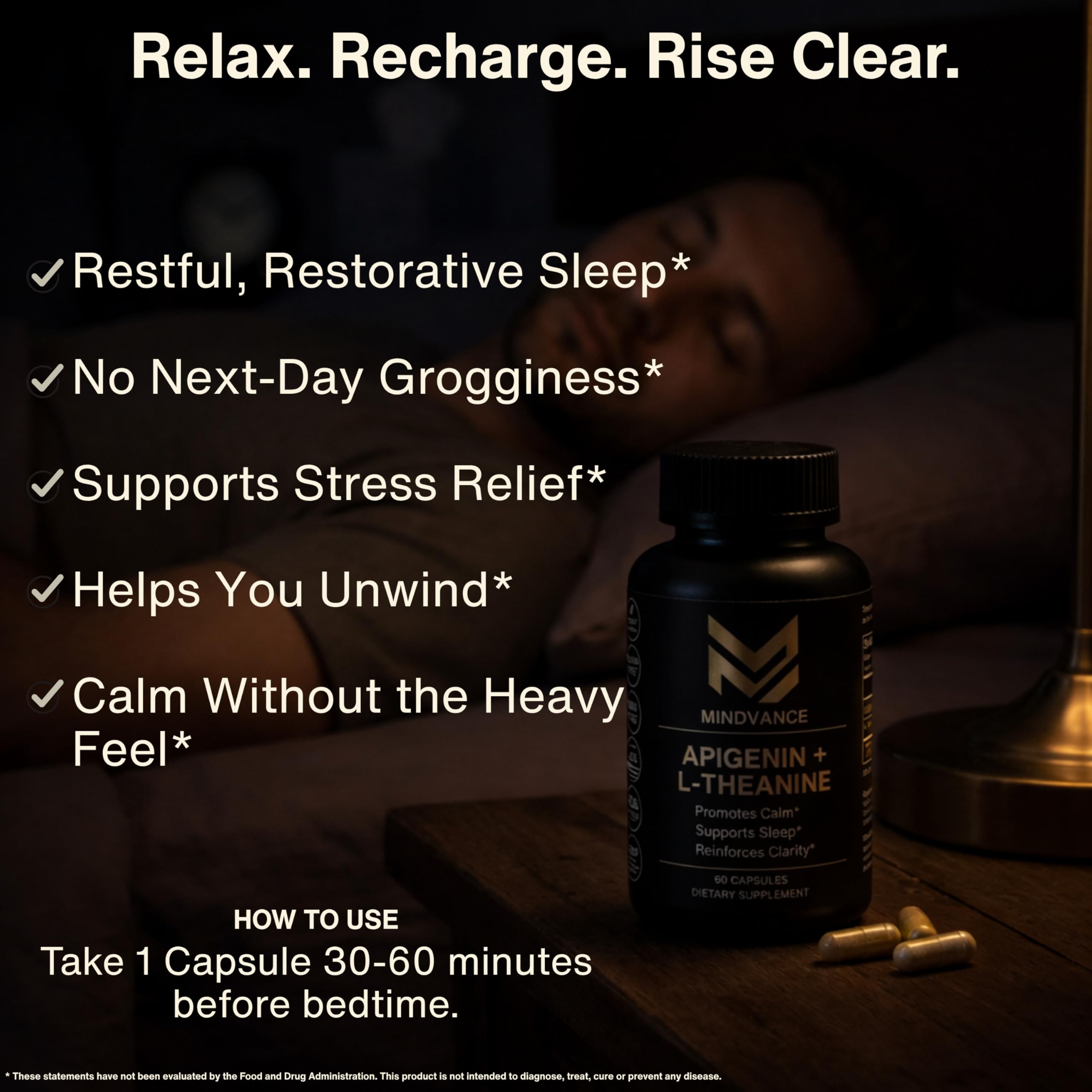 Mindvance Apigenin 100mg with L-Theanine 200mg Supplement Capsules for Sleep Support, Relaxation, Clarity & Calm | Melatonin Free | 60 Vegan Capsules Mindvance Au supplements