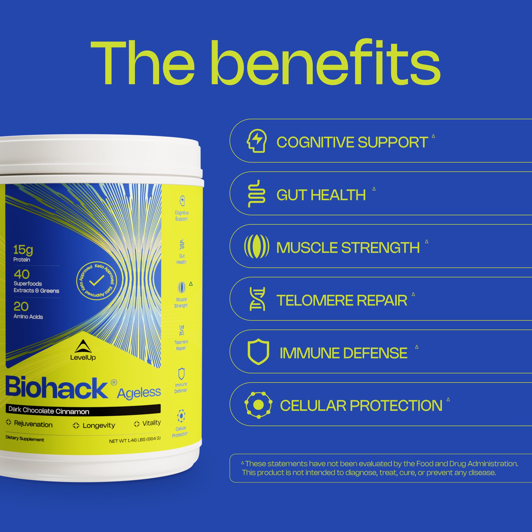 LevelUp Biohack Ageless: Colostrum Collagen Superfoods Antioxidants Spermidine Amino Acids Creatine for Women and Men, Total Body Rejuvenation (Dark Chocolate Cinnamon) LevelUp Au supplements