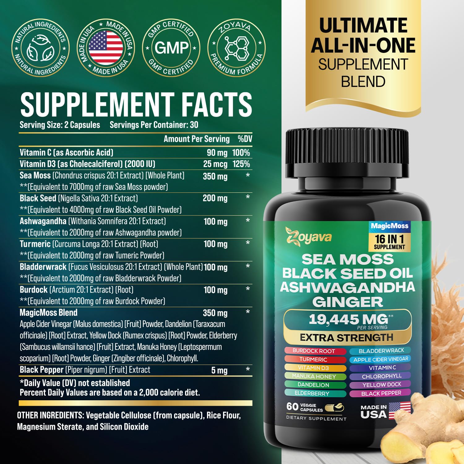 Zoyava Sea Moss 16-in-1 Blend 19,445 MG (60 Caps) and Colostrum 8-in-1 5,250 MG Zoyava Au supplements