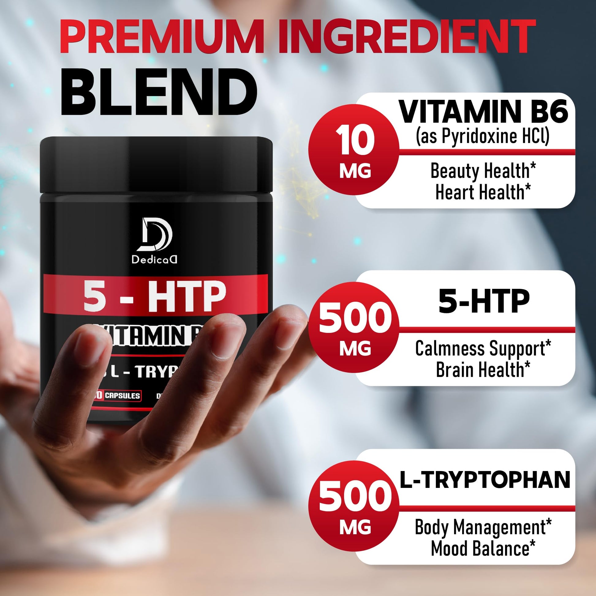 DEDICAD 5 HTP Supplement 1010mg - 60 Capsules - 3in1 Combined with Vitamin B6, L-Tryptophan - Comfortable Mood, Brain Health, Body Management & Immune System Support DEDICAD Au supplements