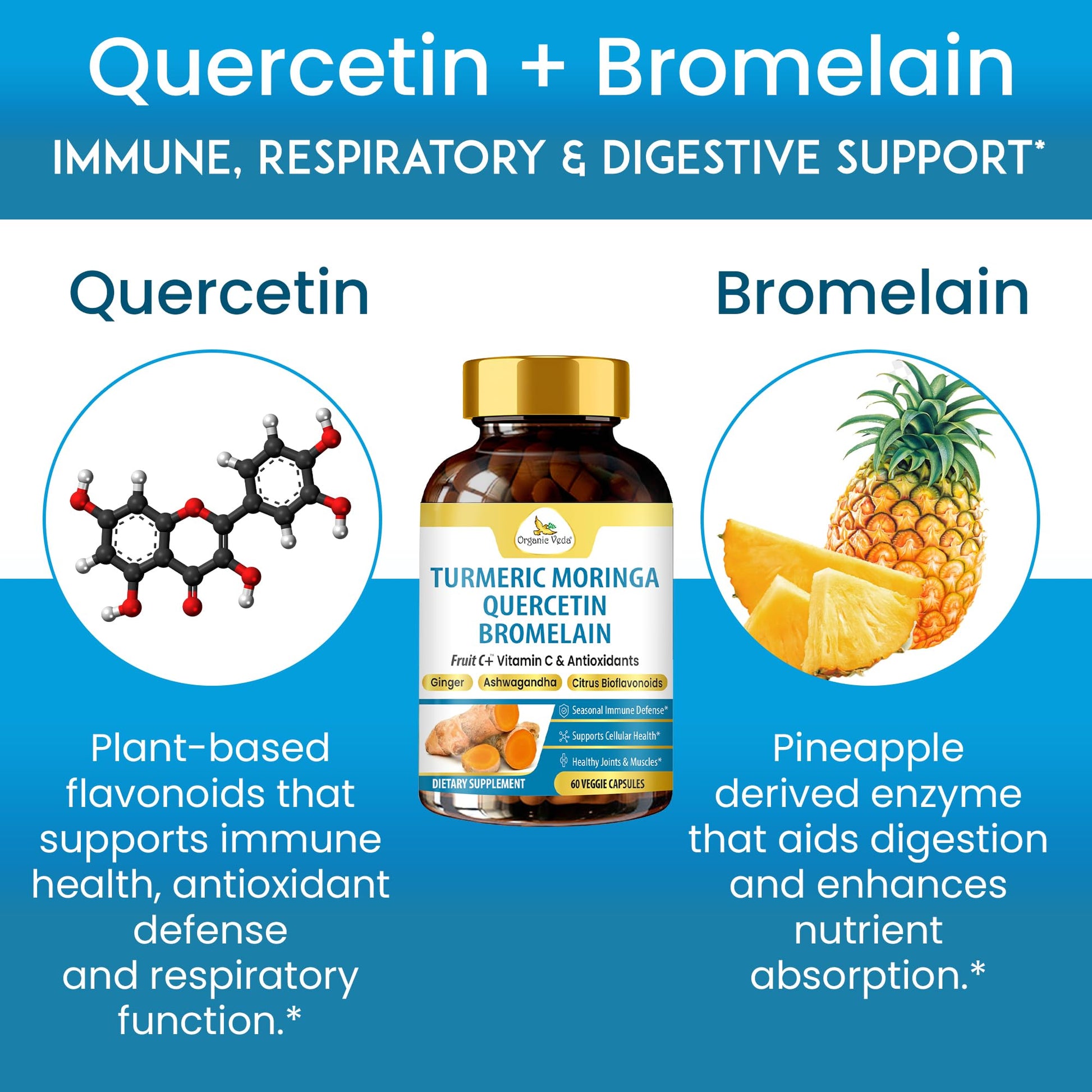 Organic Veda Turmeric Moringa Quercetin with Bromelain Capsules - Fruit C+ Vitamin C Antioxidants Immune System & Respiratory Supplement - Ashwagandha, Ginger, Citrus Bioflavonoids, 60 Vegan Capsule Organic Veda Au supplements