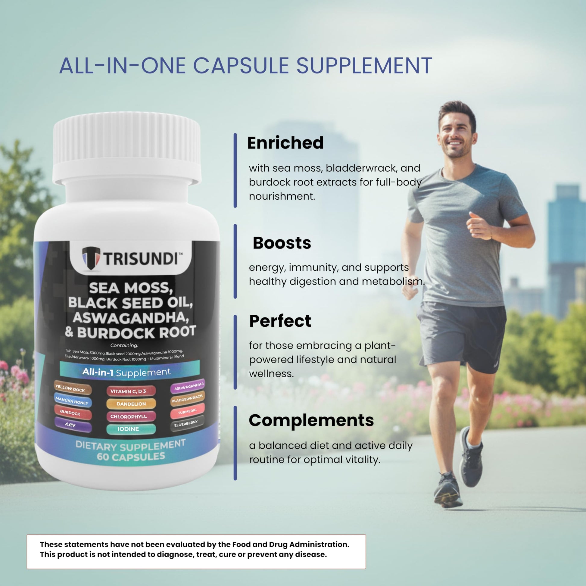 Trisundi Sea Moss Complex with Black Seed Oil, Ashwagandha & Burdock Root – All-in-One Herbal Supplement with Vitamins & Minerals – 60 Capsules Trisundi Au supplements