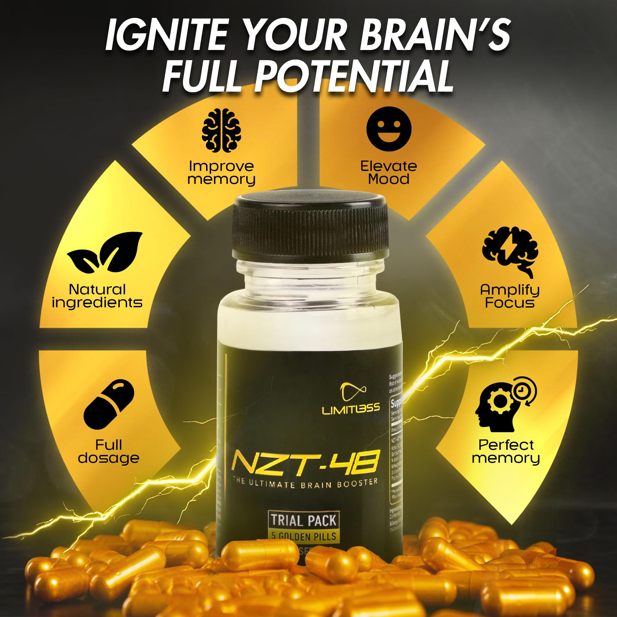 Nootropic Premium Brain Booster - Brain Supplement for Memory + Focus + Natural Energy - Caffeinated, Phosphatidylserine, Vitamins B6 B12-5ct Capsules - Travel Pack NZT-48 Au supplements