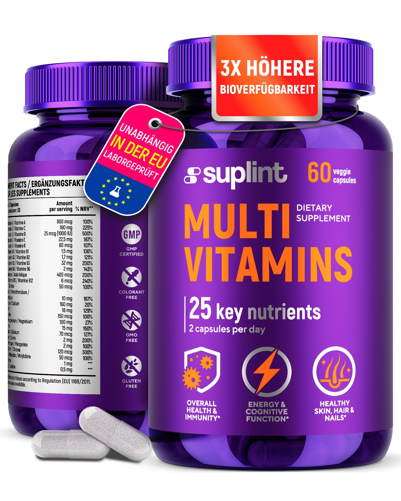 Multivitamin Supplement | Complex with Vitamin A, C, D, E, K1, B, Zinc & Chromium | Hair, Skin & Nail Beauty Vitamins | Immune Support Supplements for Men & Women | 60 Capsules SUPLINT Au supplements